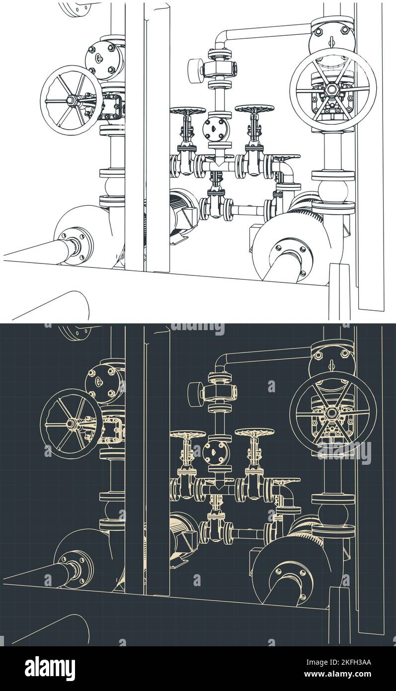 Stylized vector illustration of isometric blueprints of water pumping ...