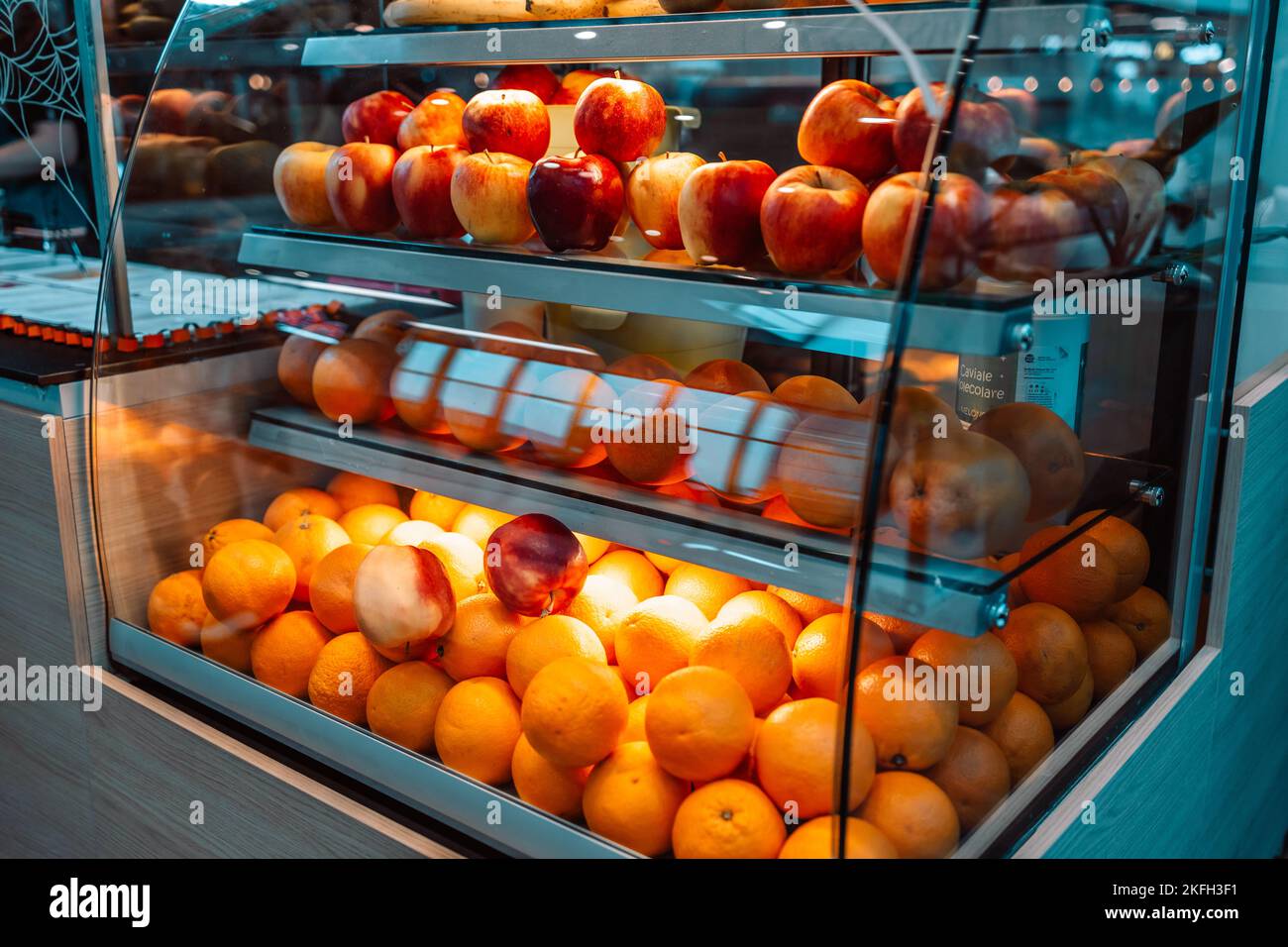 Various fruits at a juice store. Making fresh juices and smoothies. Clean eating and healthy food concept. Stock Photo