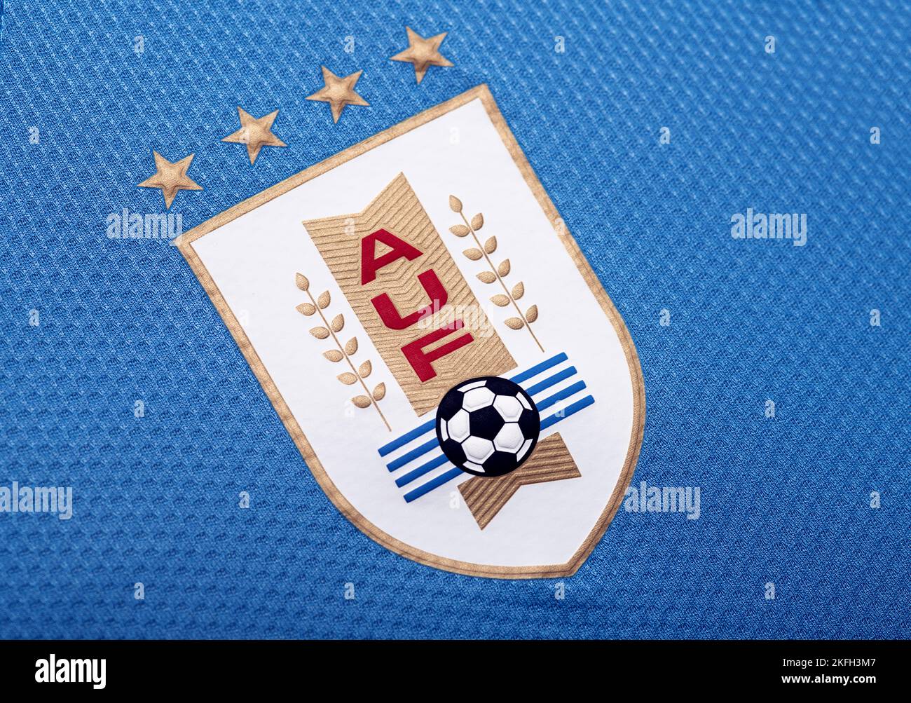 Close up of National Football team crest on home kit. FIFA World Cup Qatar 2022. Stock Photo