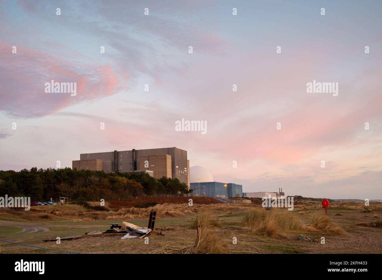 The nuclear power station at Sizewell in Suffolk UK. The current site of Sizewell A and B power stations and the proposed Sizewell C. Stock Photo