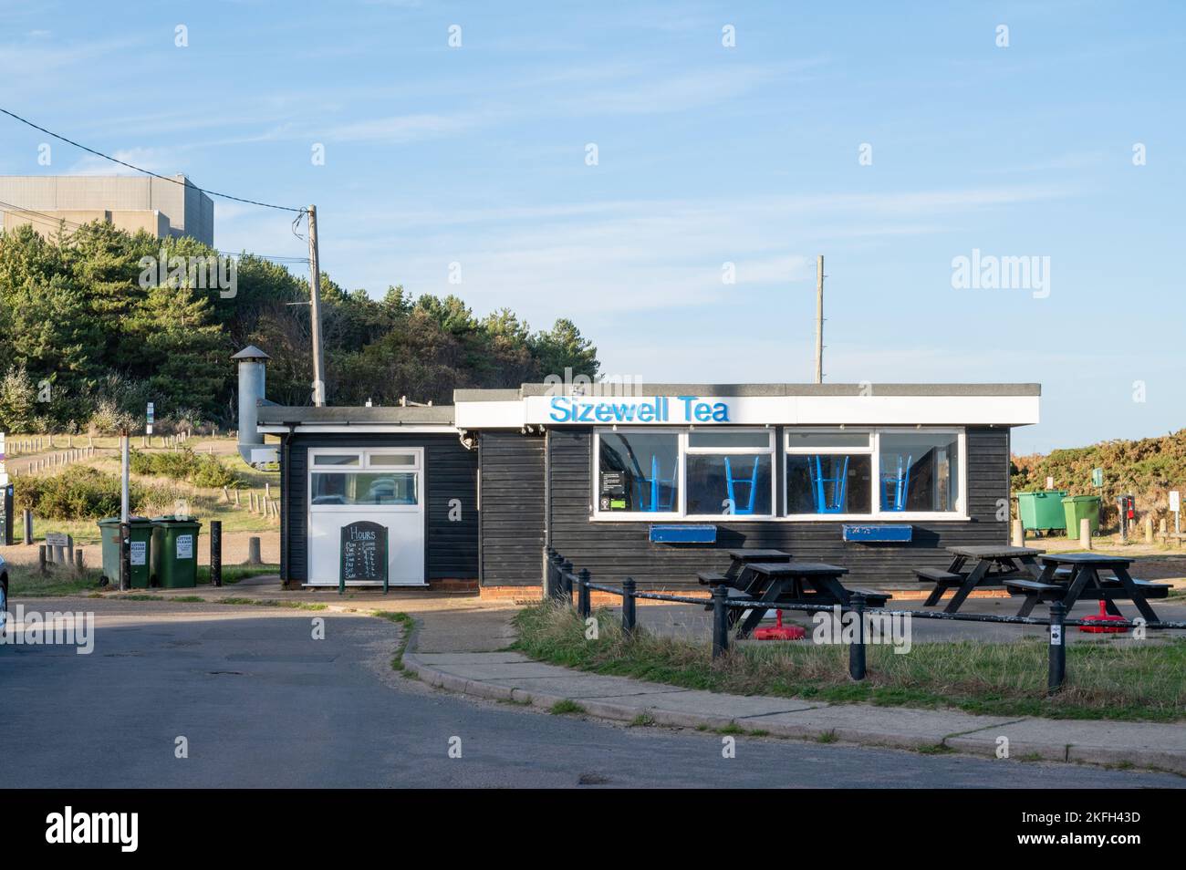 The Sizewell Tea cafe and snack bar on the beach next to Sizewell B nuclear power station Suffolk UK, Stock Photo
