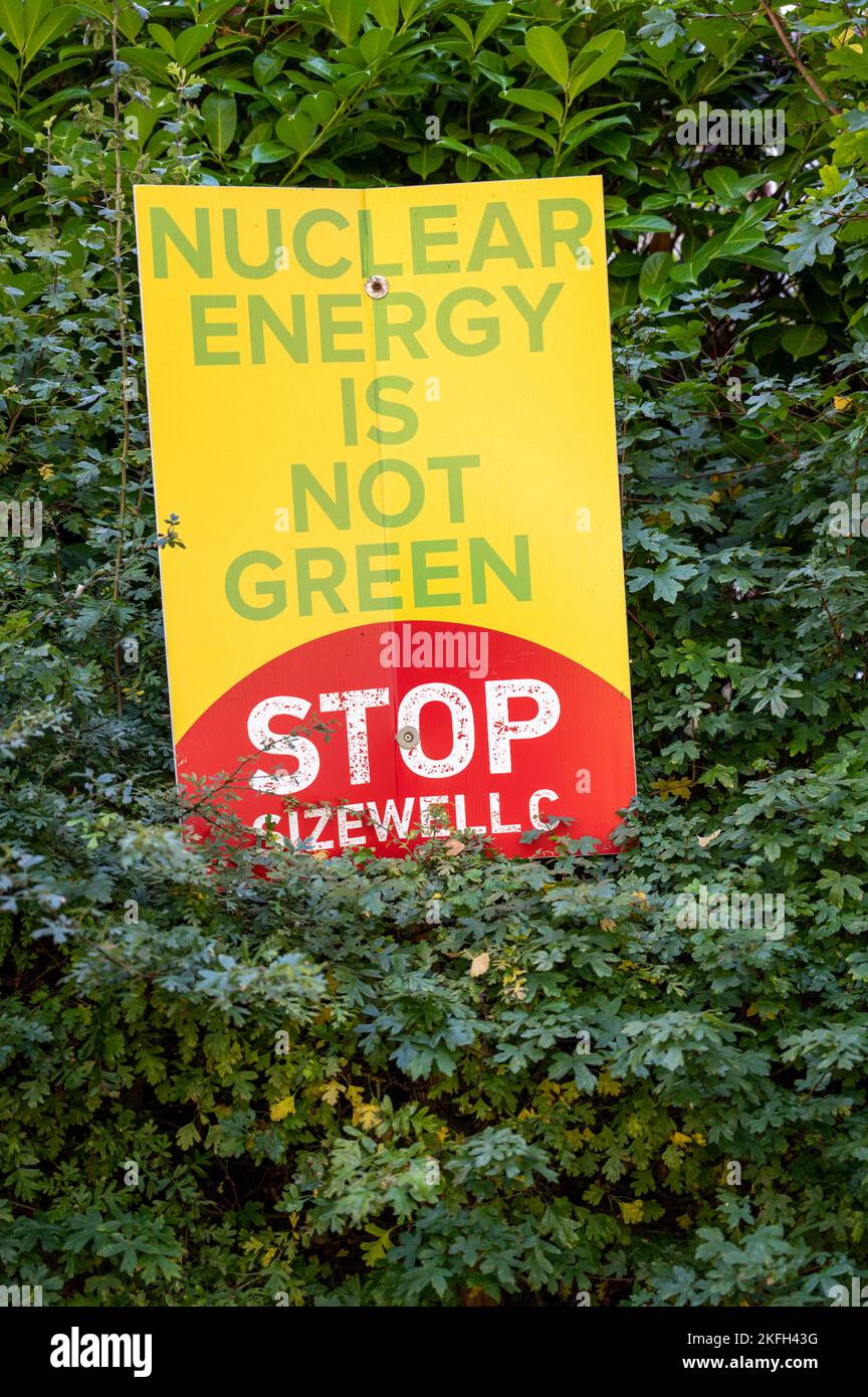 Protest posters in Sizewell the site of the the nuclear power station ...