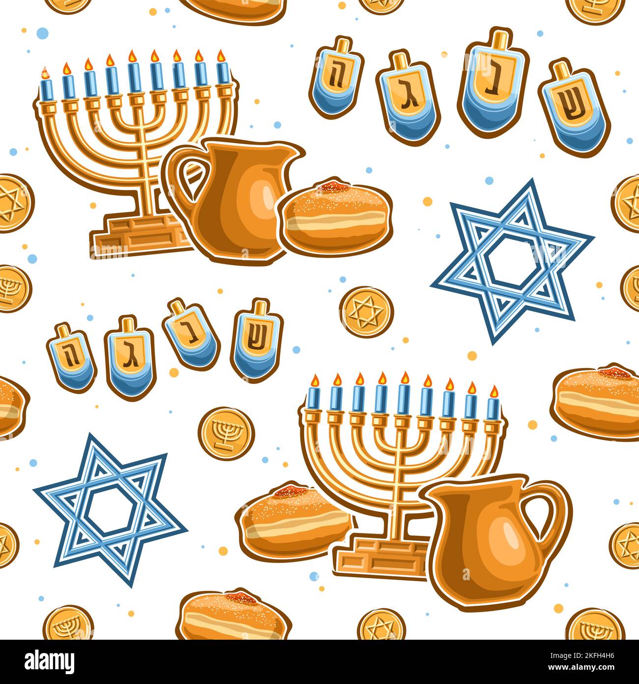 Vector Hanukkah seamless pattern, repeating background with illustrations of golden candle holder, four dreidels and kosher hanukkah sufganiyah on whi Stock Vector