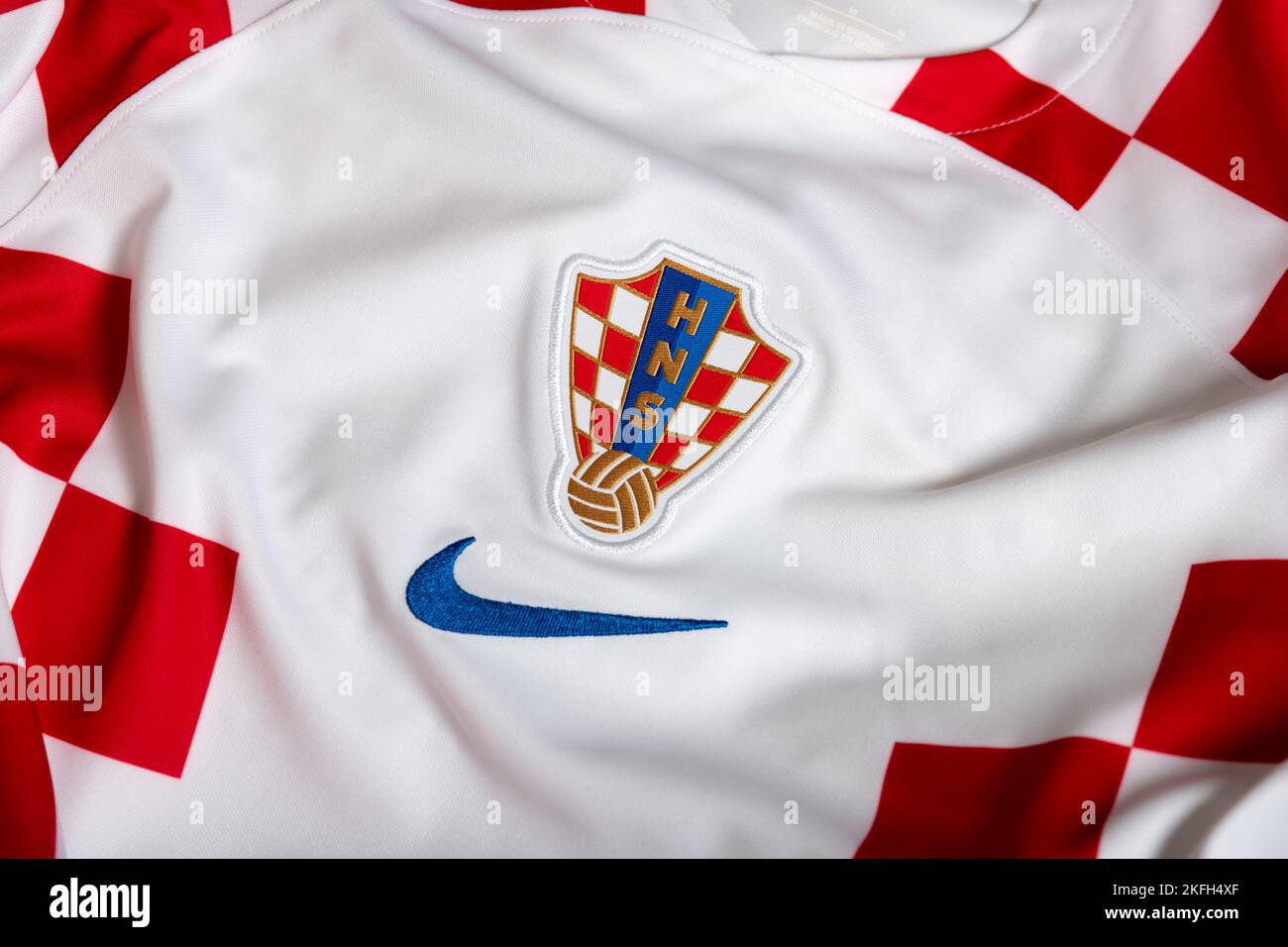 Close up of National Football team crest on home kit. FIFA World Cup Qatar 2022. Stock Photo
