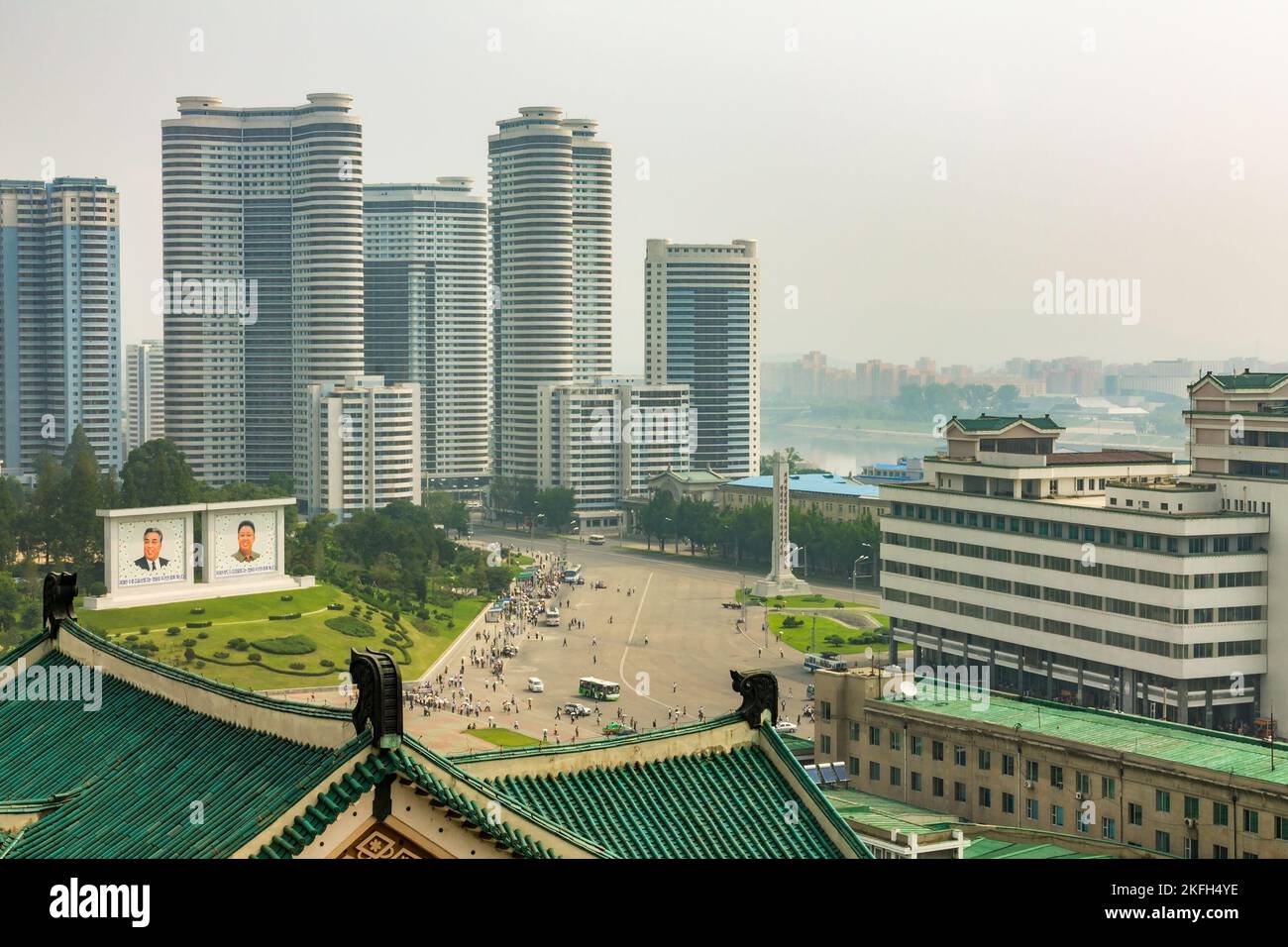 Pyongyang, North Korea - July 29, 2014: View of Pyongyang Street. Sungri street. Orukyu Apartment and Recreation Complex Stock Photo