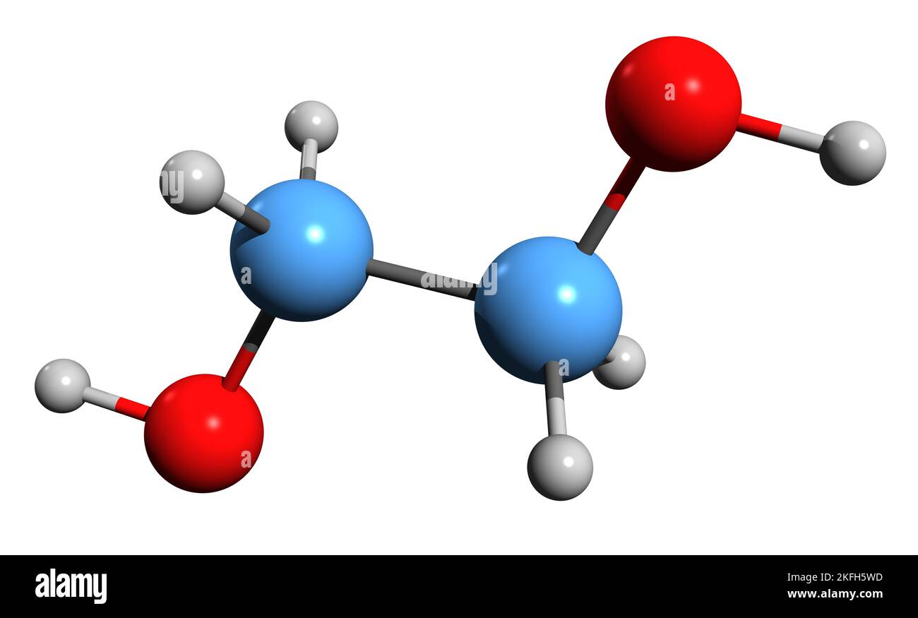 3D image of Ethylene glycol skeletal formula - molecular chemical structure of antifreeze isolated on white background Stock Photo