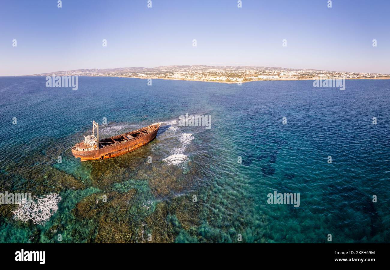 MV Demetrios II cargo ship wrecks on the coral riffs among the sea waves, Paphos, Cyprus Stock