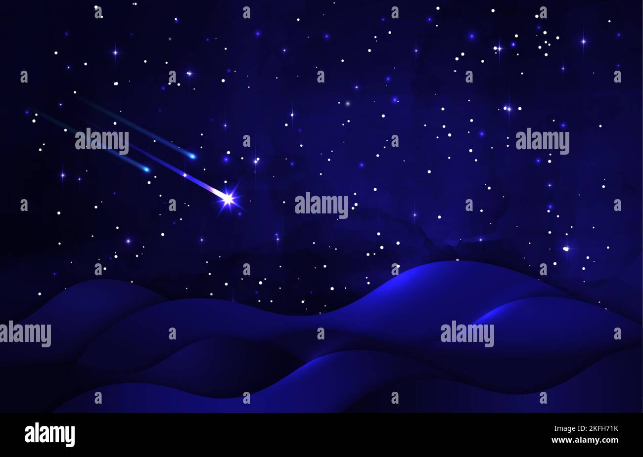 Falling stars background, shooting star landscape with dark blue starry night sky, dunes scenery in Christmas night for the birth of Jesus Christ Stock Vector