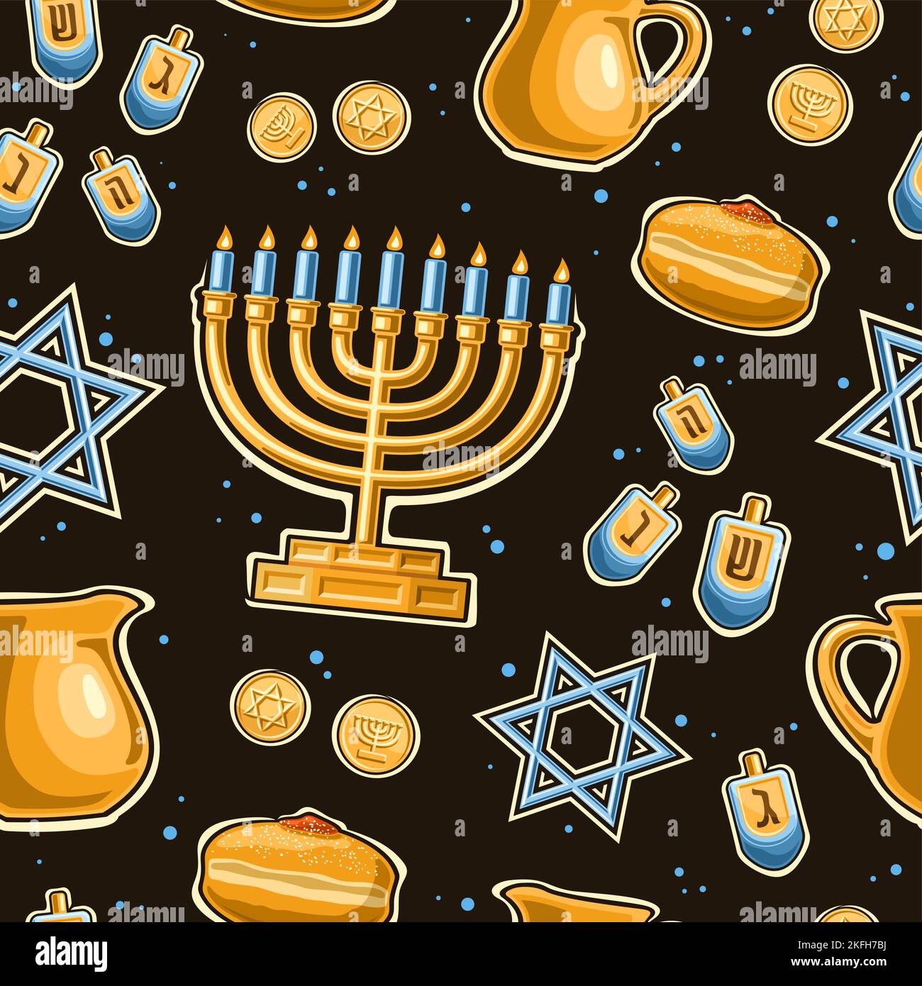 Vector Hanukkah seamless pattern, repeating background with illustrations of golden candle holder, four dreidels and sweet hanukkah sufganiyah on blac Stock Vector
