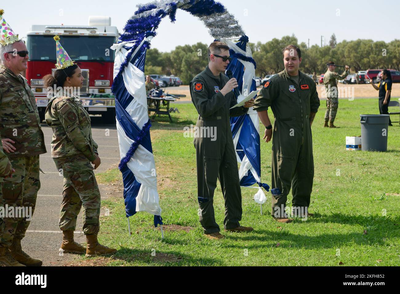 Lt. Christian Peardon opens the cake cutting ceremony at Beale AFB