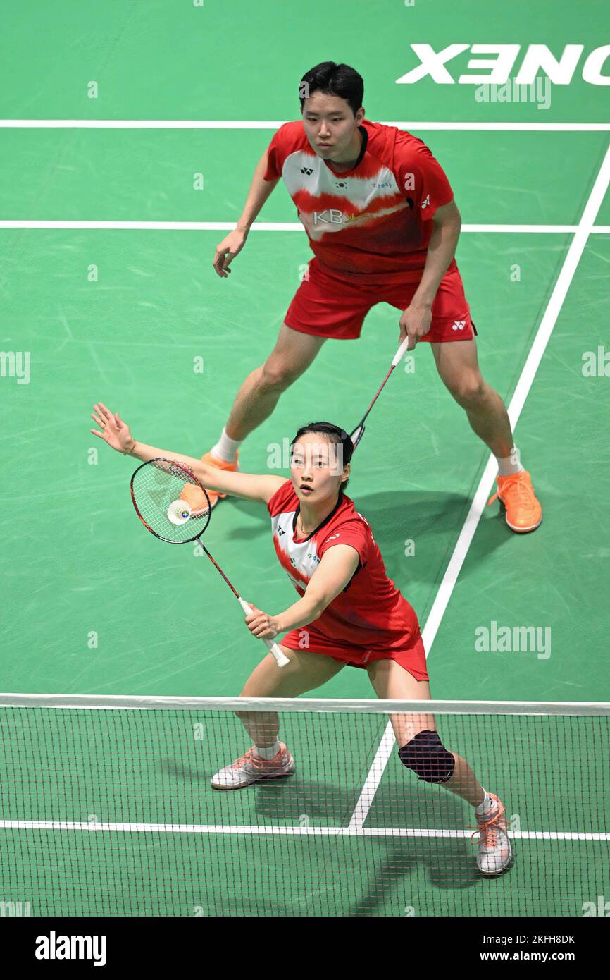 Sydney, Australia. 18th Nov, 2022. Seo Seung Jae (back) and Chae Yu Jung  (front) of Korea seen during the 2022 SATHIO GROUP Australian Badminton Open  mixed double round of 16 match against