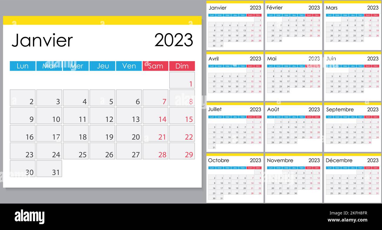 Calendar 2023 on French language, week start on Monday. Vector template