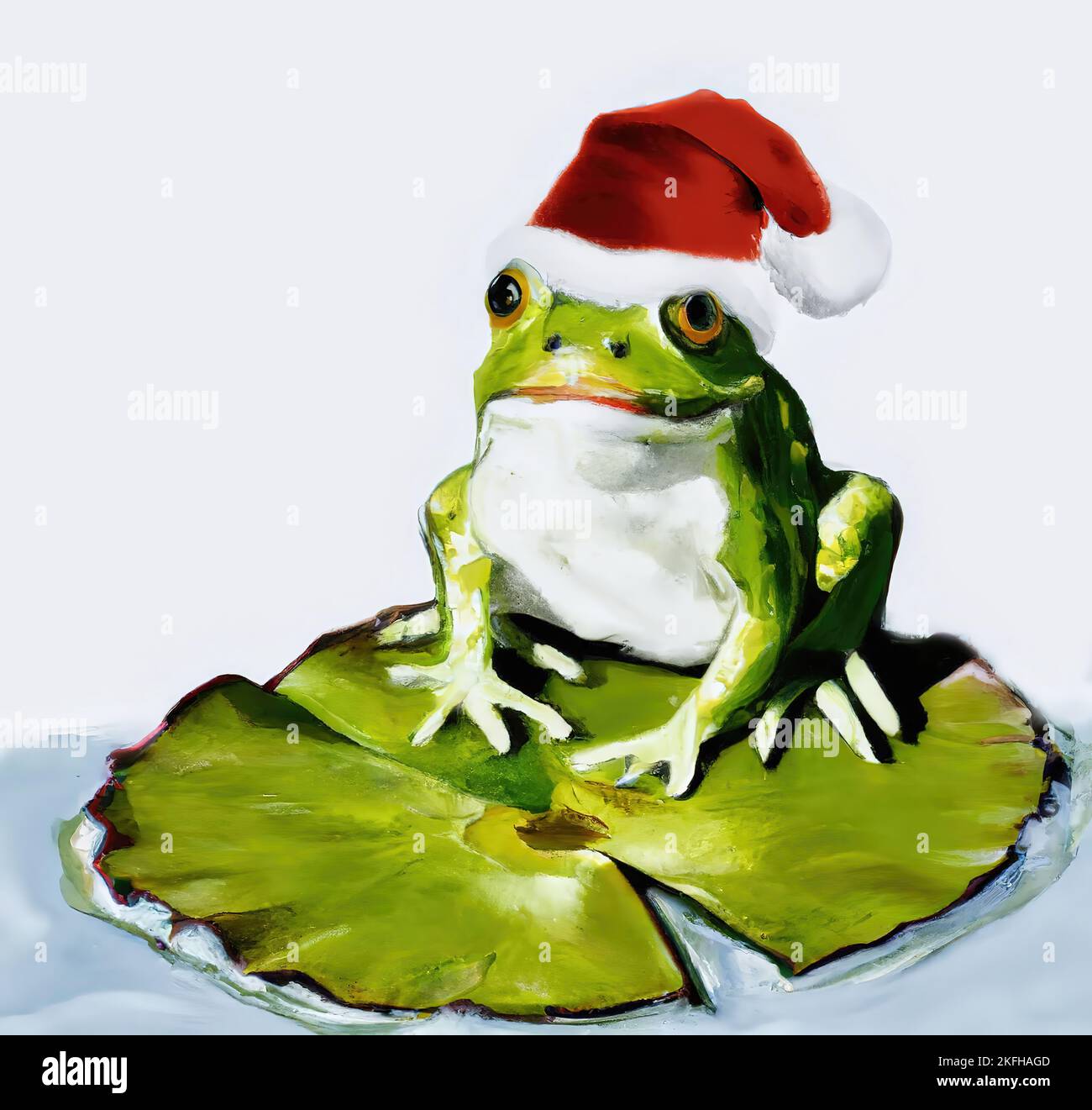 Green pond frog wearing a Christmas hat and sitting on water lily leaf