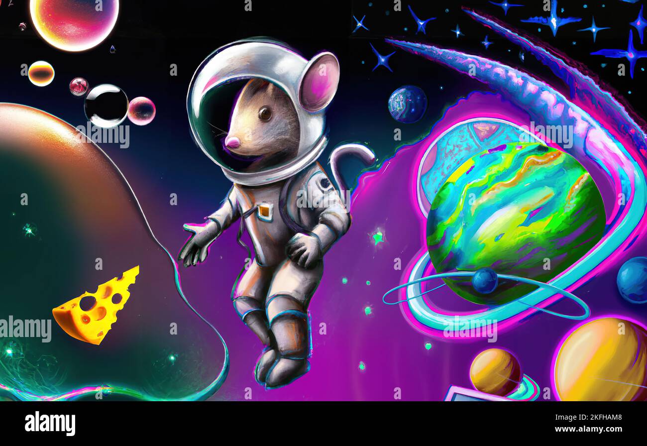 Mouse astronaut floating in space and chasing block of swiss cheese with visible planets in the background Stock Photo