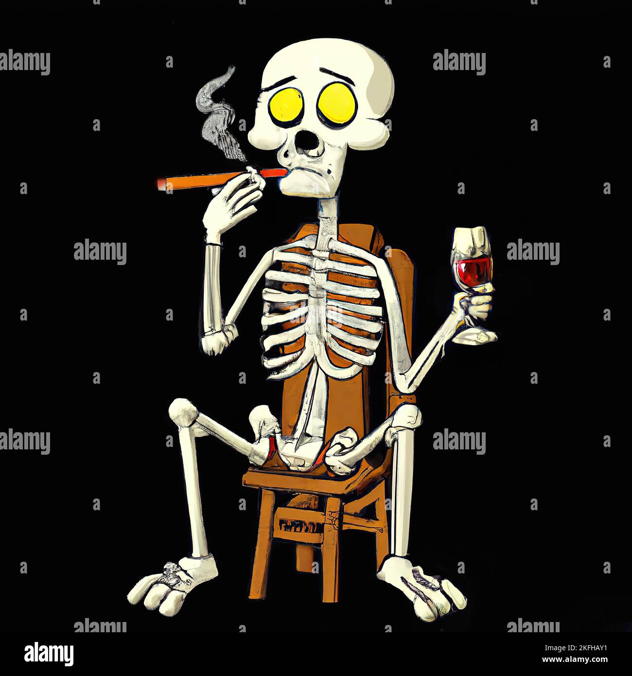 Skeleton sitting, smoking and drinking while being concerned, anti