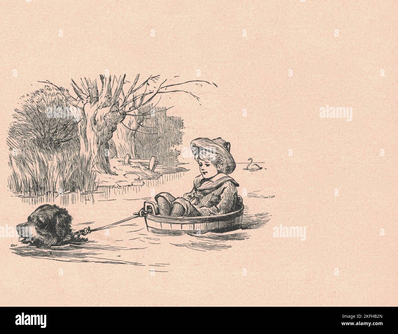 Black and white antique illustration shows a boy and dog sails in the river. Vintage illustration shows the boy sits in the barrel and sails in the river. Old picture from fairy tale book. Storybook illustration published 1910. Oral storytelling is the earliest method for sharing narratives. During most people's childhoods, narratives are used to guide them on proper behavior, cultural history, formation of a communal identity, and values, as especially studied in anthropology today among traditional indigenous peoples. Stock Photo