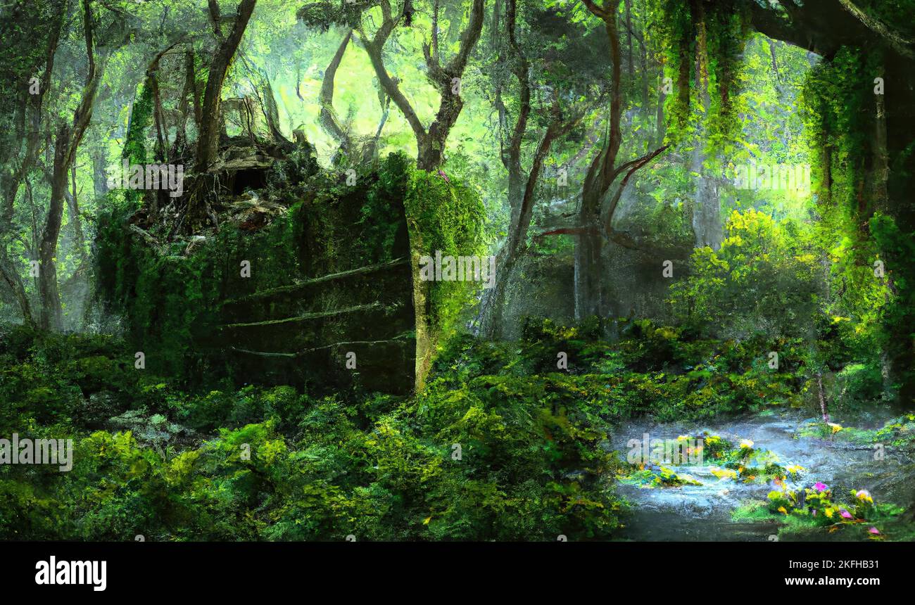 Rusty overgrown shipwreck in lavish forest with pond lake Stock Photo ...
