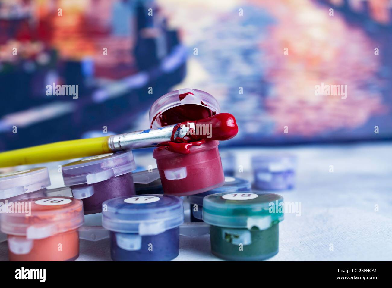 Painting by numbers. Set to paint the picture, includes a canvas, paints of  different colors, brushes. Top view Stock Photo - Alamy