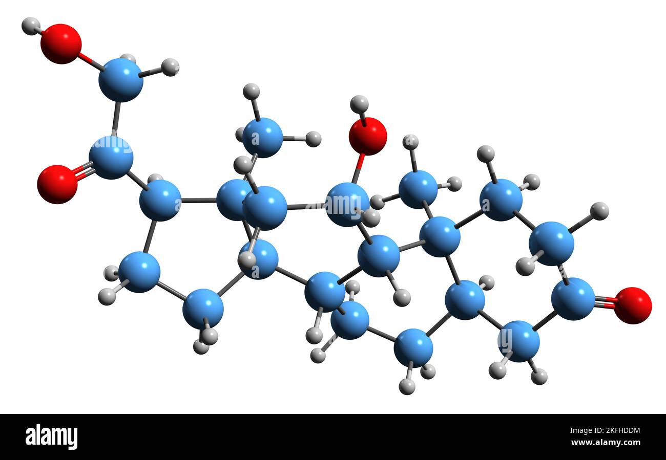 3D image of Dihydrodeoxycorticosterone skeletal formula - molecular chemical structure of endogenous progestogen isolated on white background Stock Photo