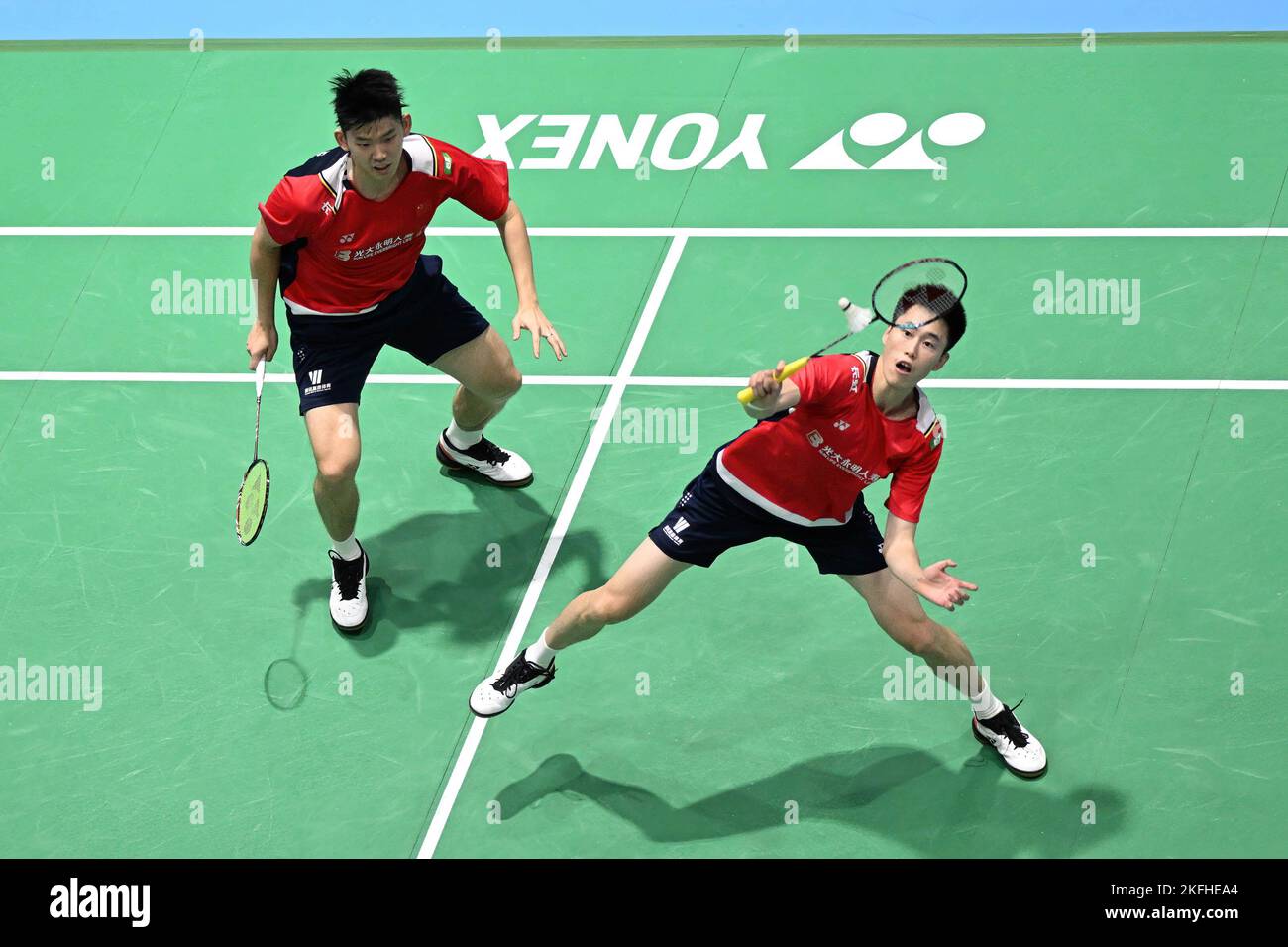 Sydney, Australia. 18th Nov, 2022. Liu Yu Chen (L) and Ou Xuan Yi (R) of China seen during the 2022 SATHIO GROUP Australian Badminton Open men's double quarter finals match against Lee Yang and Wang Chi-Lin of Chinese Taipei. Liu and Ou won the match, 22-20, 25-23. Credit: SOPA Images Limited/Alamy Live News Stock Photo