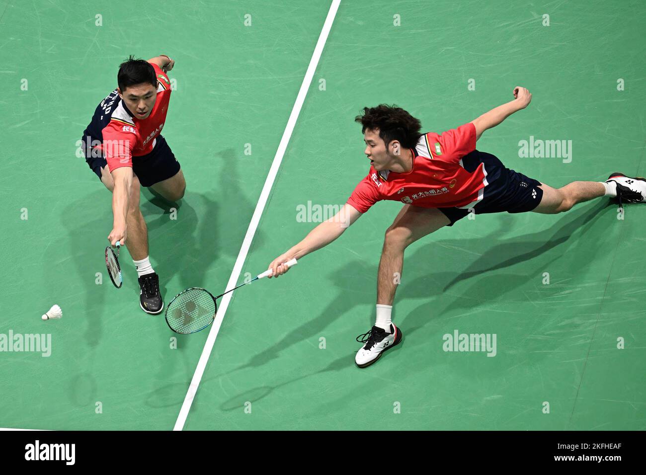 Sydney, Australia. 18th Nov, 2022. Zhou Hao Dong (L) and He Ji Ting (R) of China seen during the 2022 SATHIO GROUP Australian Badminton Open men's double quarter finals match against Liang Wei Keng and Wang Chang of China. Zhou and He won the match 21-19, 16-21, 21-17. Credit: SOPA Images Limited/Alamy Live News Stock Photo
