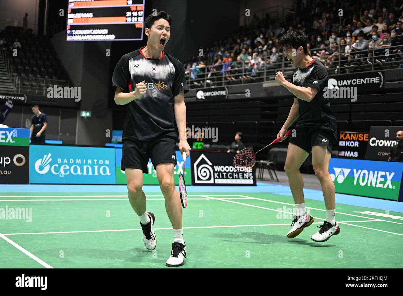 Seo Seung Jae (L) and Kang Min Hyuk (R) of Korea seen during the 2022 SATHIO GROUP Australian Badminton Open mens double quarter finals match against Ong Yew Sin and Teo Ee