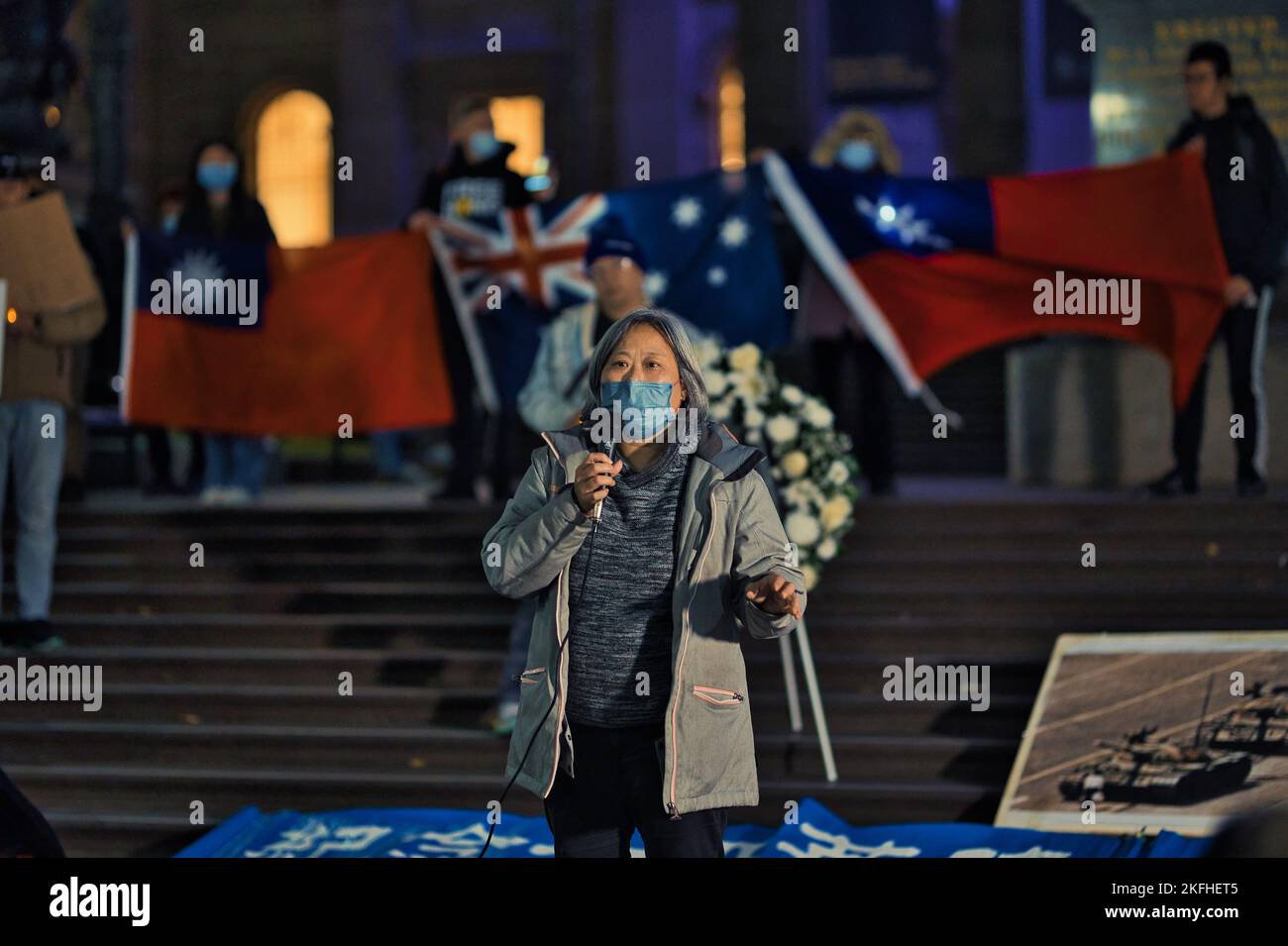 A woman speaking in the Tiananmen Square massacre vigil at the State library of Victoria Stock Photo