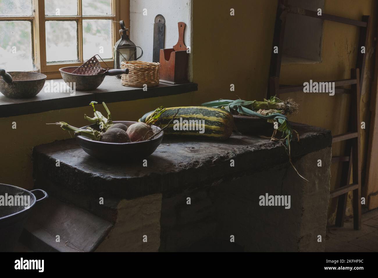Vegetables on Rustic Table, Beamish, Northumberland Stock Photo