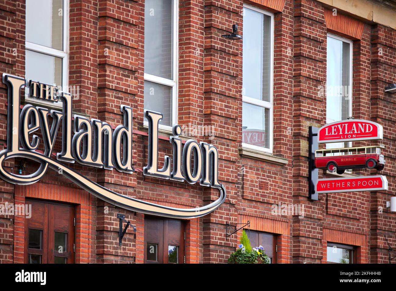 Leyland town in South Ribble and county of Lancashire, England. Leyland Lion pub was named after the bus made in the town Stock Photo