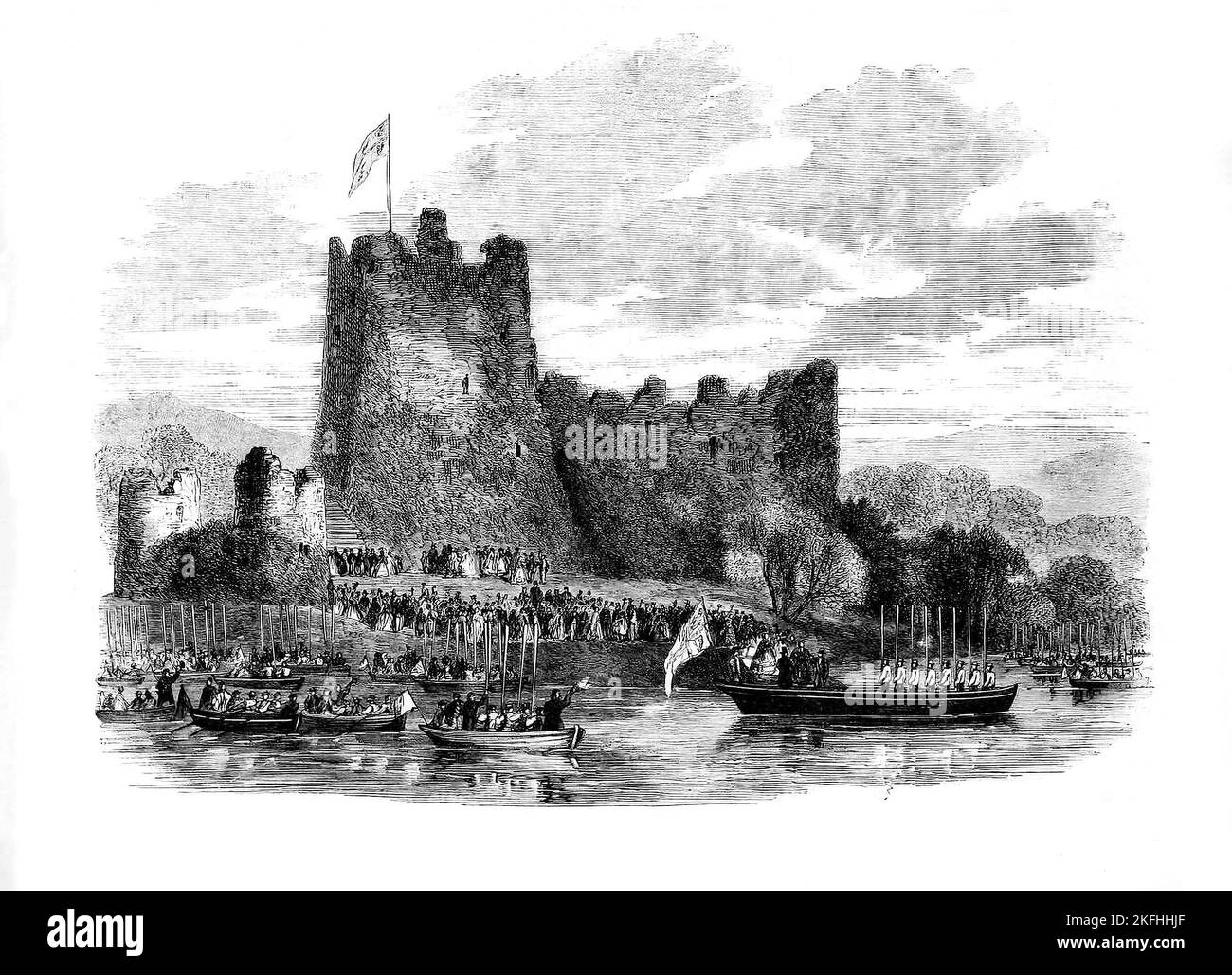 Queen Victoria at 15th century Ross Castle on the shores of Lough Leane in the (now) Killarney National Park, County Kerry, Ireland.  The visit in 1861 was her  visit to the location. Stock Photo