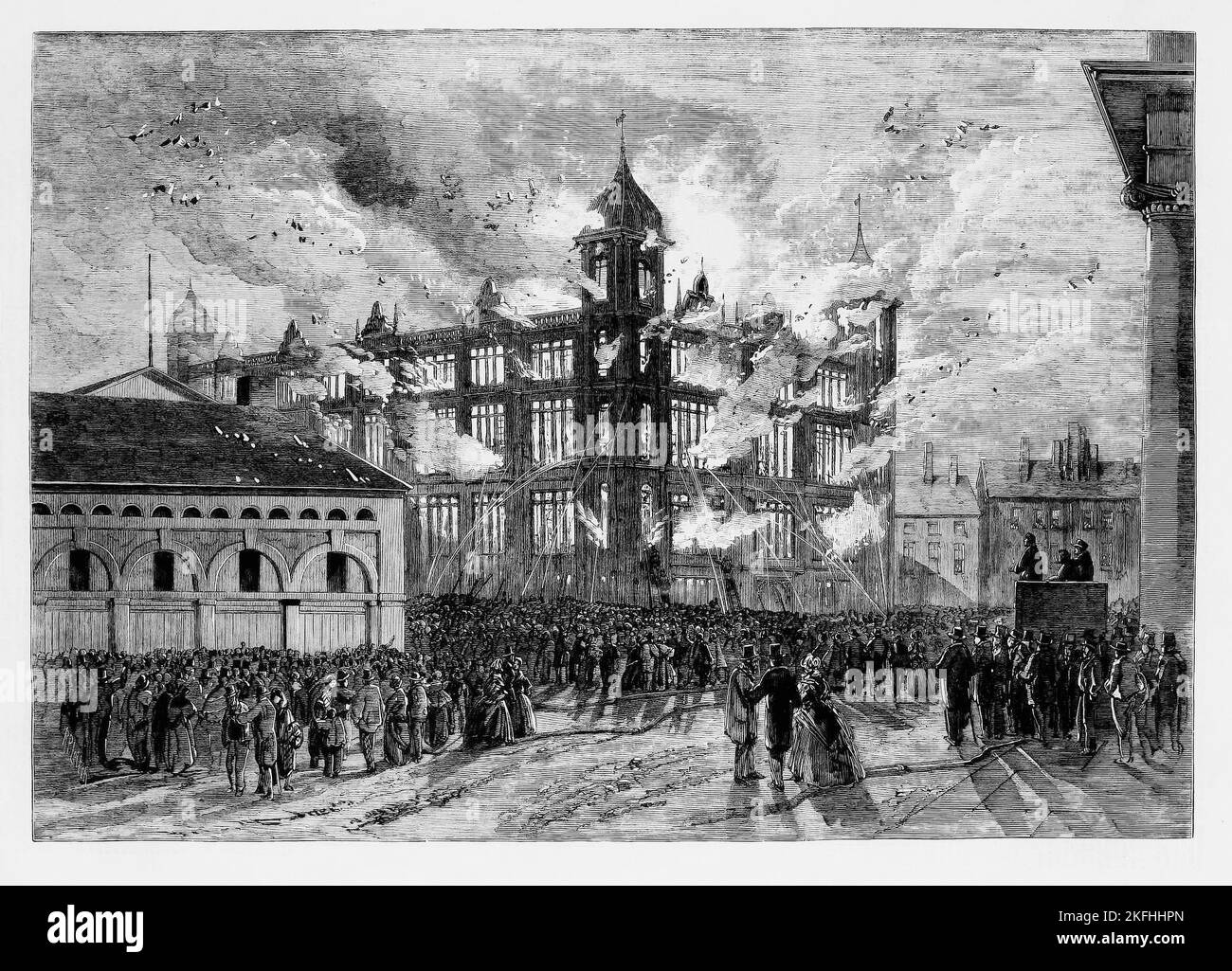 The disastrous fire of 1860 that closed Liverpool Sailors' Home, for two years. Built in Canning Place, it provided safe, inexpensive lodging for sailors, along with educational and recreational opportunities. It also played a pivotal role in establishing Liverpool as one of the world's successful commercial seaports following the dismantling of the Slave trade. The neo-Elizabethan Tudor style building was designed by Liverpool-based architect John Cunningham (1799-1873) was demolished in 1974, a few years after its closure in 1969.. Stock Photo