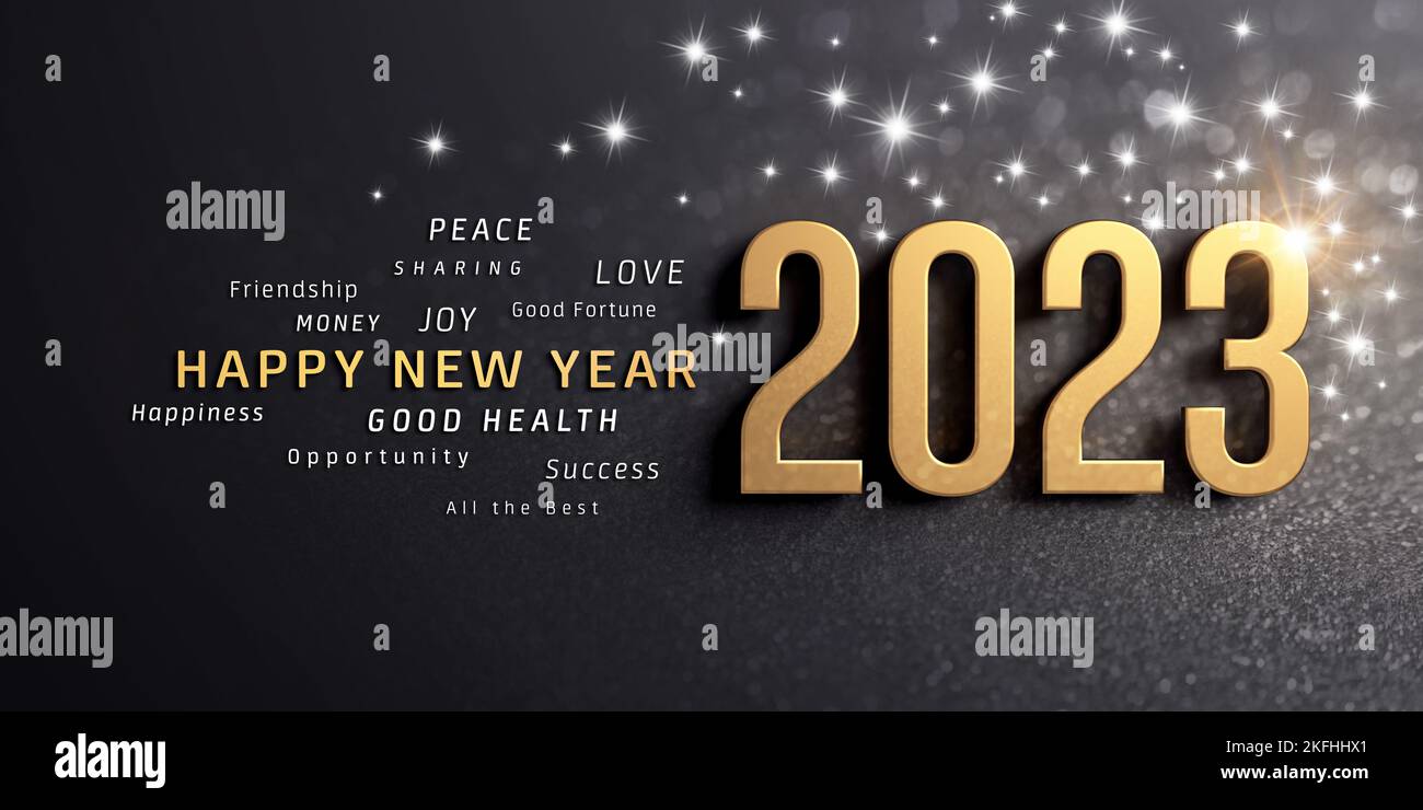 Happy New Year greetings and 2023 date number colored in gold, on a glittering black card Stock Photo