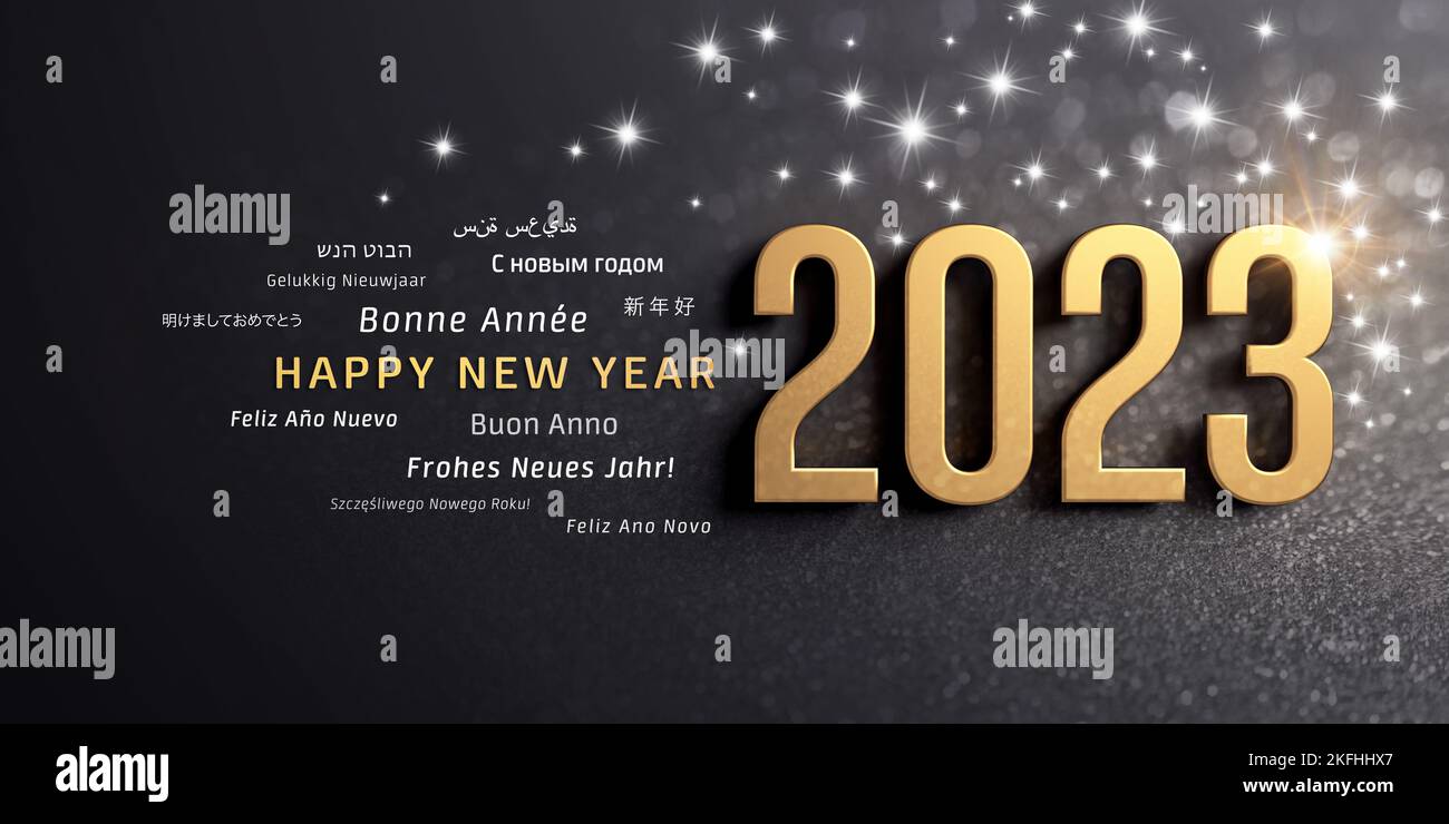 Happy New Year greetings in several languages and 2023 date number, colored in gold, on a festive black background, with glitters and stars - 3D illus Stock Photo