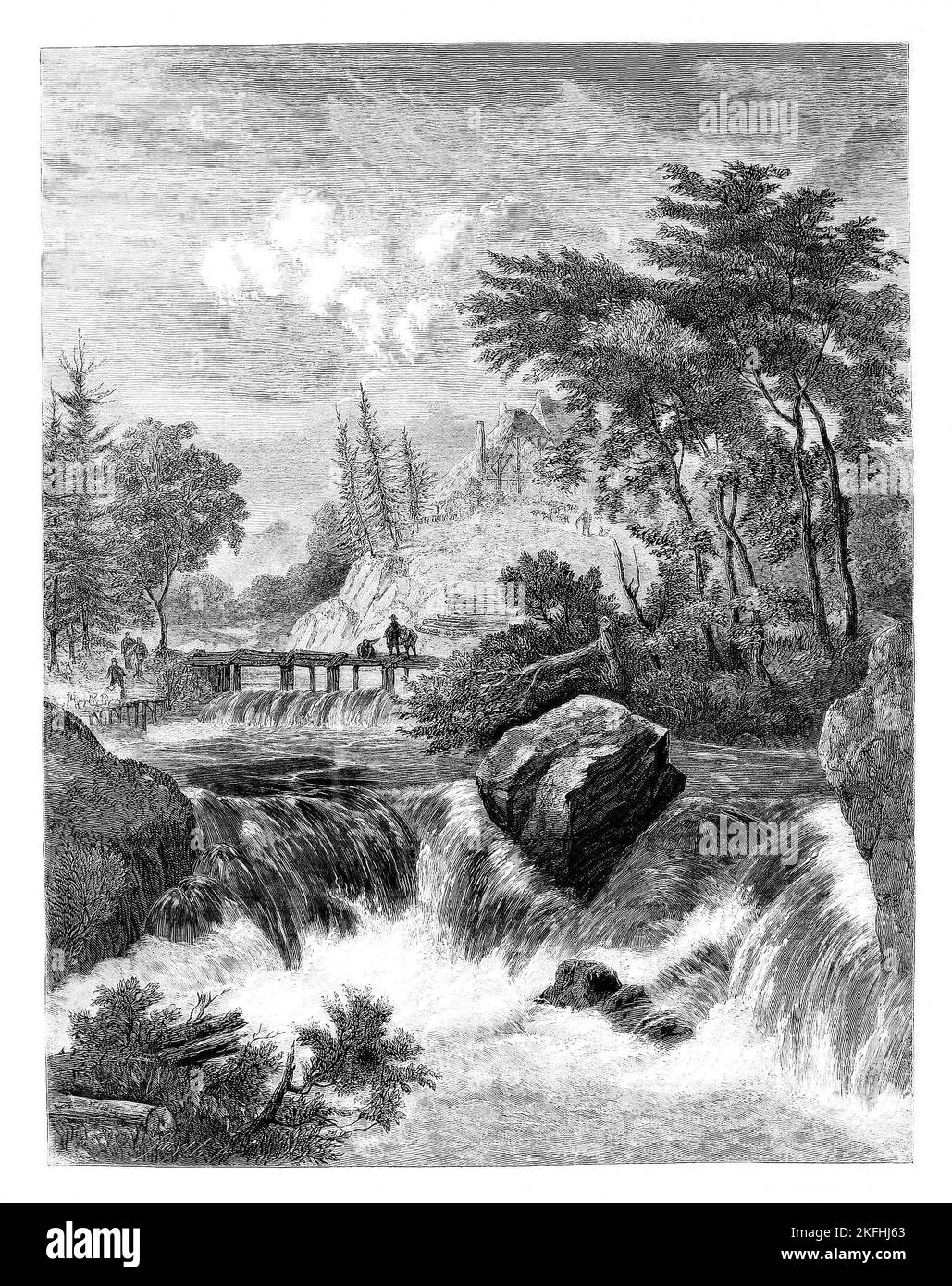 A sketch from a painting by Van Ruisdael (1629-1682) in the National Gallery. He painted many views of waterfalls probably inspired by his friend Allart van Everdingen who had been to Scandinavia and returned with drawings of the craggy mountains and waterfalls that became a source for van Ruisdael’s dramatic images. Stock Photo