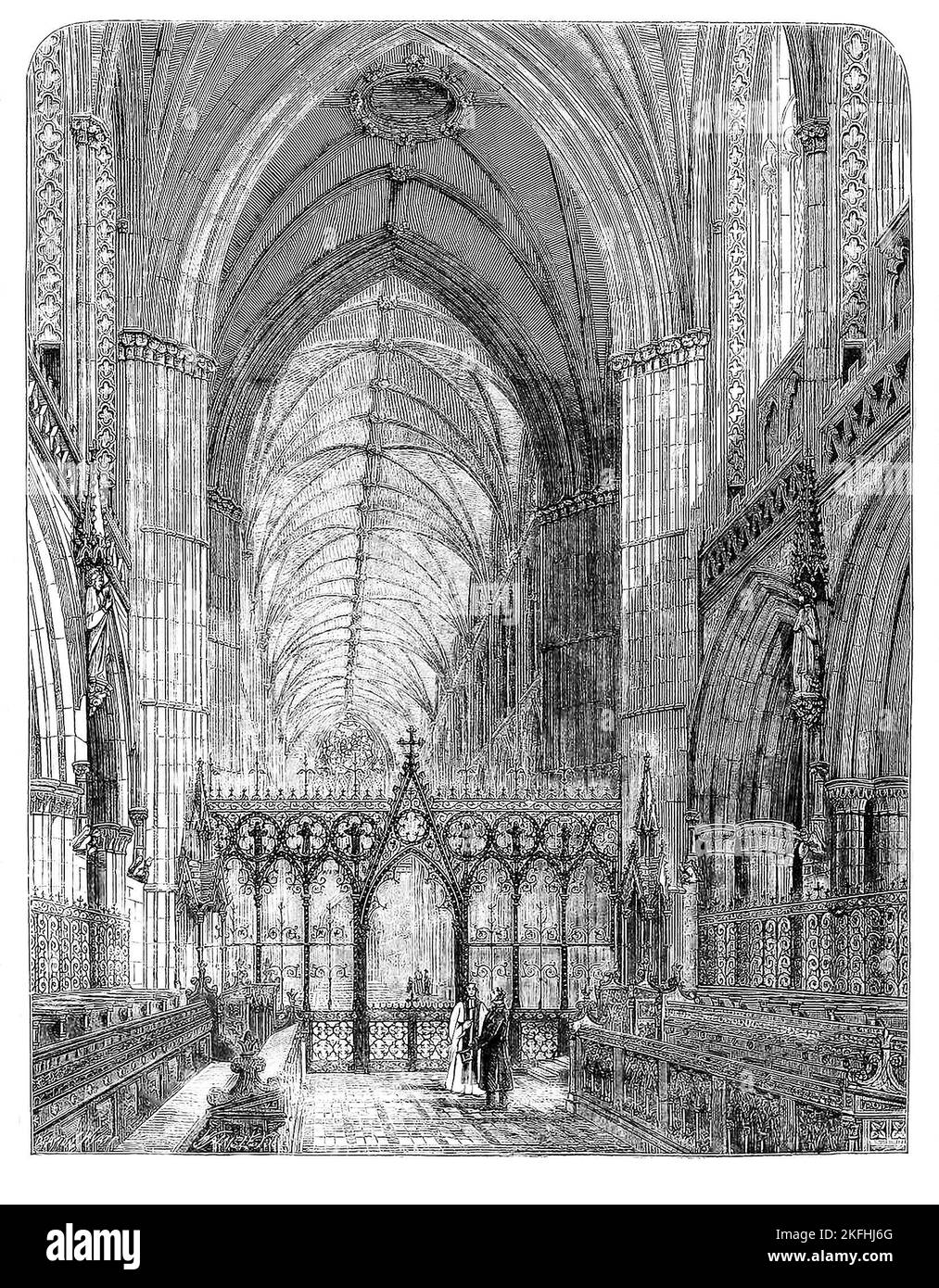 An 1860 sketch of the choir dating from 1200 of Lichfield Cathedral, an Anglican cathedral in Lichfield, Staffordshire, England, dedicated to St Chad and Saint Mary. Started in 1085 and continued through the twelfth century, after the original wooden Saxon church was replaced by a Norman cathedral made from stone, and in turn replaced by the present Gothic cathedral begun in 1195. Stock Photo
