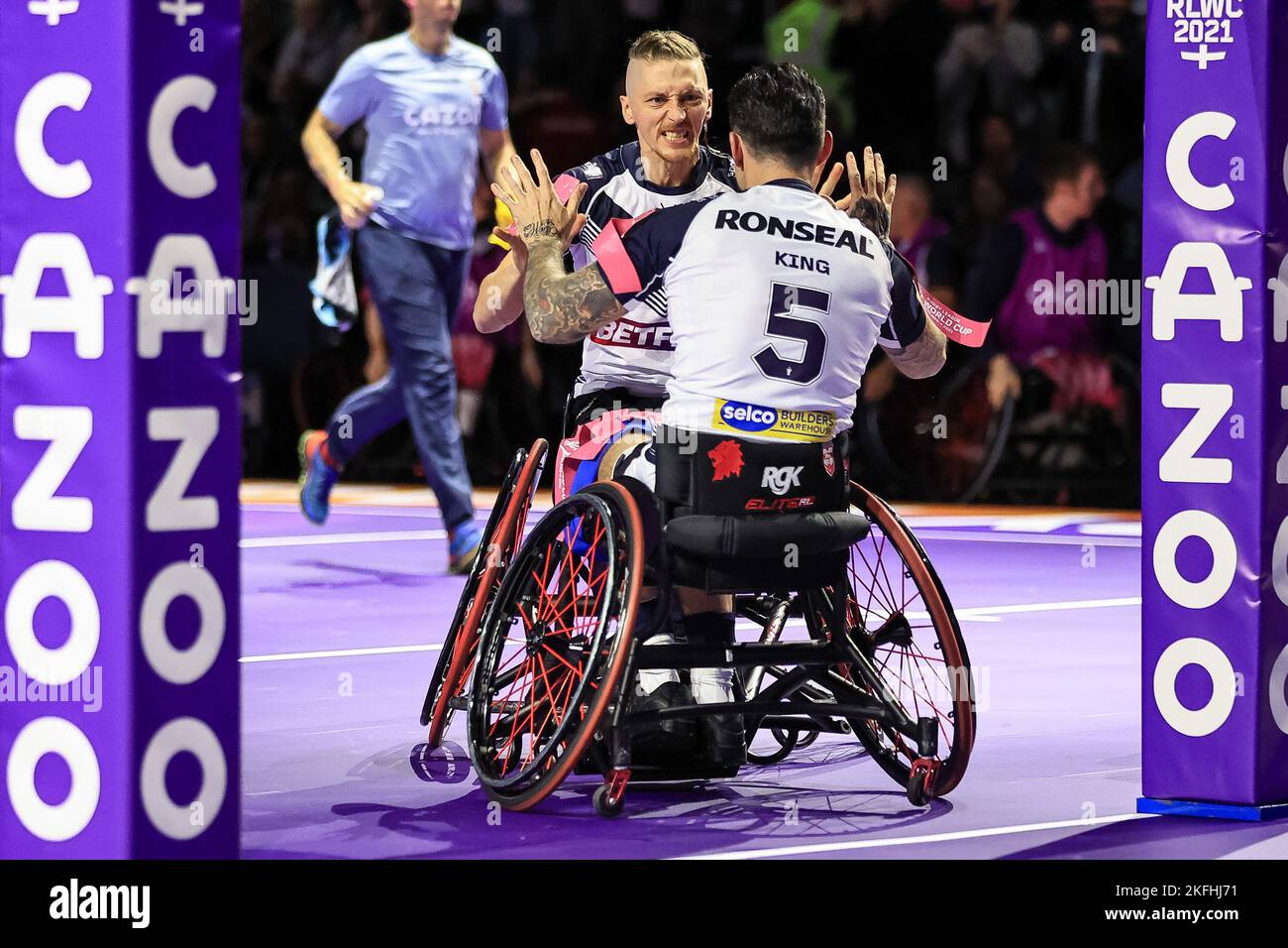 Manchester, UK. 18th Nov, 2022. Lewis King of England celebrates his try with team mate Jack Brown during the Wheelchair Rugby League World Cup 2021 Final France vs England at Manchester Central, Manchester, United Kingdom, 18th November 2022 (Photo by Mark Cosgrove/News Images) in Manchester, United Kingdom on 11/18/2022. (Photo by Mark Cosgrove/News Images/Sipa USA) Credit: Sipa USA/Alamy Live News Stock Photo