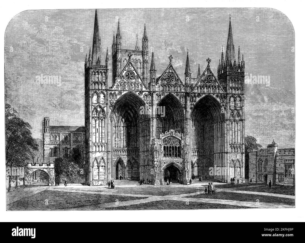 A mid-19th century drawing of Peterborough Cathedral in Cambridgeshire, known for the imposing Early English Gothic West Front (façade) which, with its three enormous arches, is without architectural precedent. The original church was damaged during the struggle between the Norman invaders and local folk-hero, Hereward the Wake, then destroyed by fire in 1116. The new church was built in the Norman style, begun by Abbot John de Sais and completed around 1193. Stock Photo