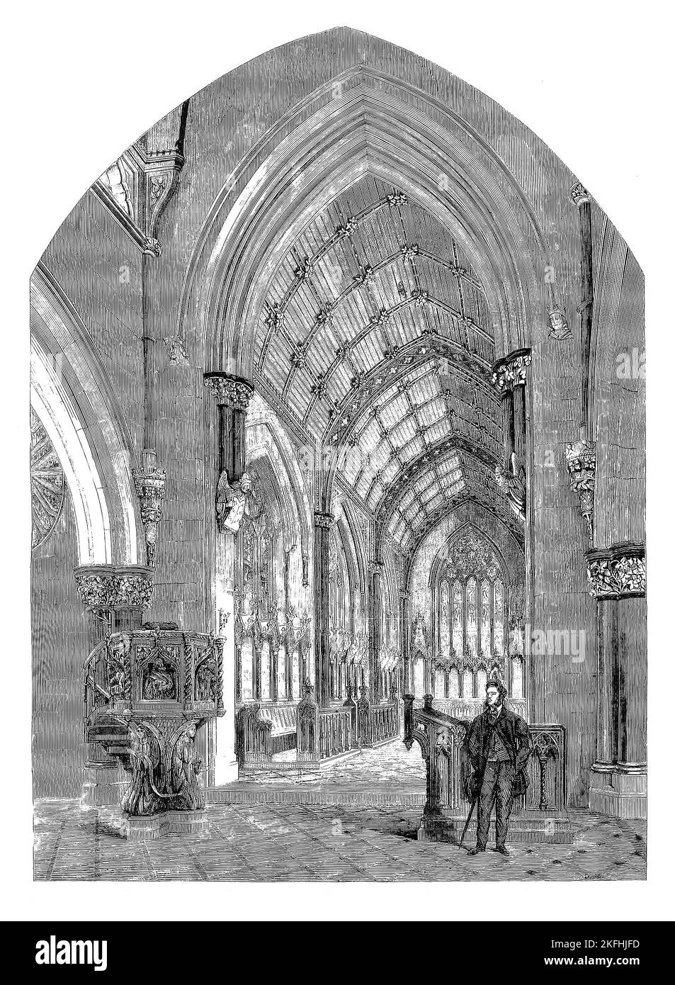 A mid-19th century view of St Margaret's Church (nicknamed The Marble Church), Bodelwyddan, St Asaph,  in the lower Vale of Clwyd in Denbighshire, Wales. The Decorated Gothic Style parish church was designed by John Gibson and consecrated by the Bishop of St Asaph on 23 August 1860. The church contains fourteen varieties of marble and elaborate woodwork. Stock Photo