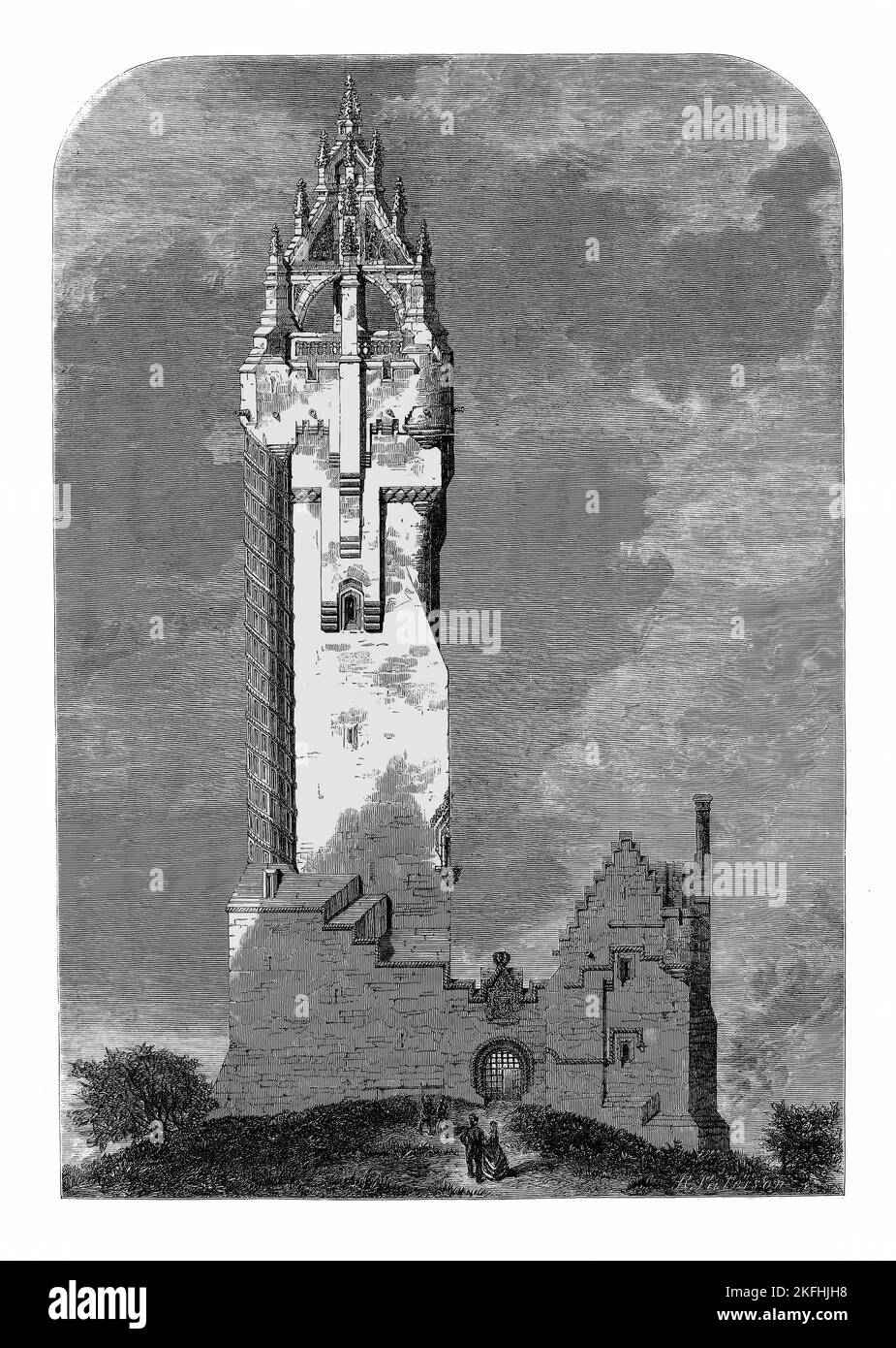 A mid-19th century plan of the proposed National Wallace Monument aka  Wallace Monument, a 67 metre tower built in the Victorian Gothic style, on the shoulder of the Abbey Craig, a hilltop overlooking Stirling in Scotland commemorating Sir William Wallace, a 13th- and 14th-century Scottish hero. It was completed in 1869 to the designs of architect John Thomas Rochead. Stock Photo