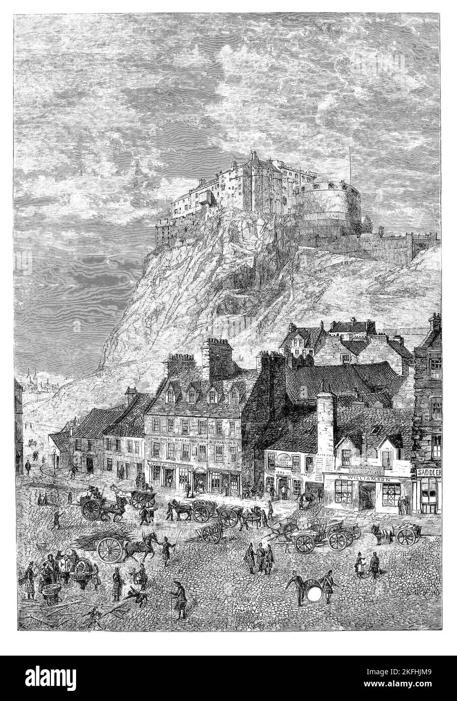 A mid-19th century view from the Corn Exchange of the Grassmarket, located directly below Edinburgh Castle. The Grassmarket was, from 1477, one of Edinburgh's main market places, a part of which was given over to the sale of horse and cattle, the name apparently derived from livestock grazing in pens beyond its western end. Stock Photo