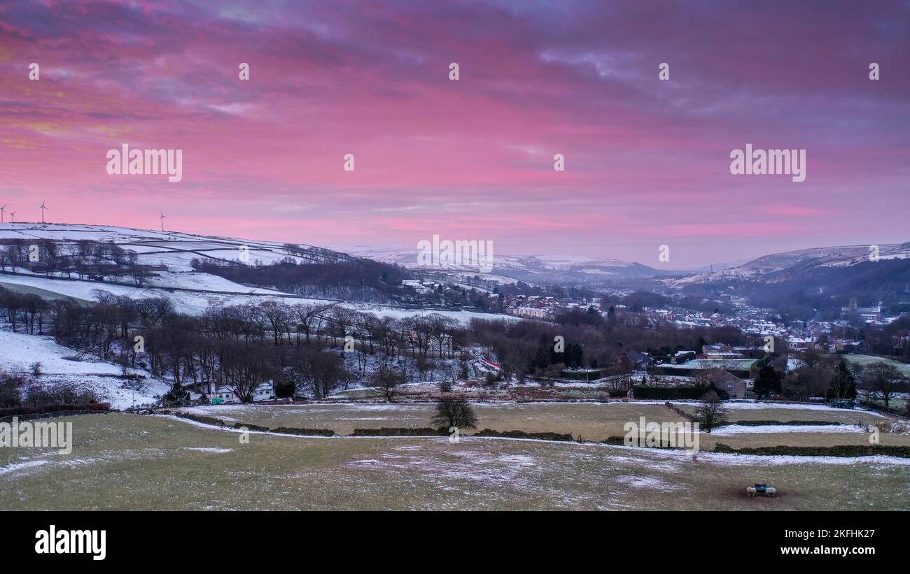snow landscape with beautiful red sky at sunrise Stock Photo - Alamy