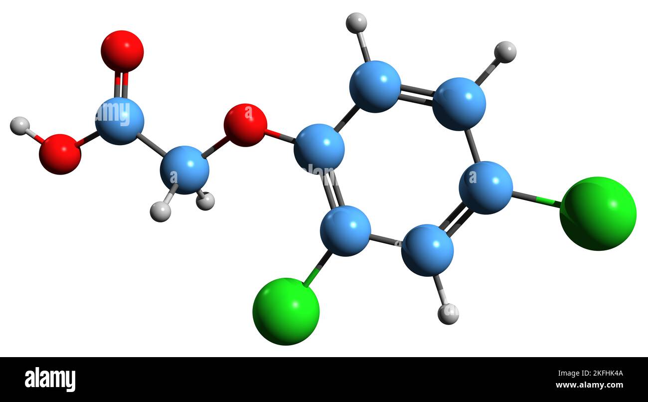 3D image of Dichlorophenoxyacetic acid skeletal formula - molecular chemical structure of systemic herbicide isolated on white background Stock Photo