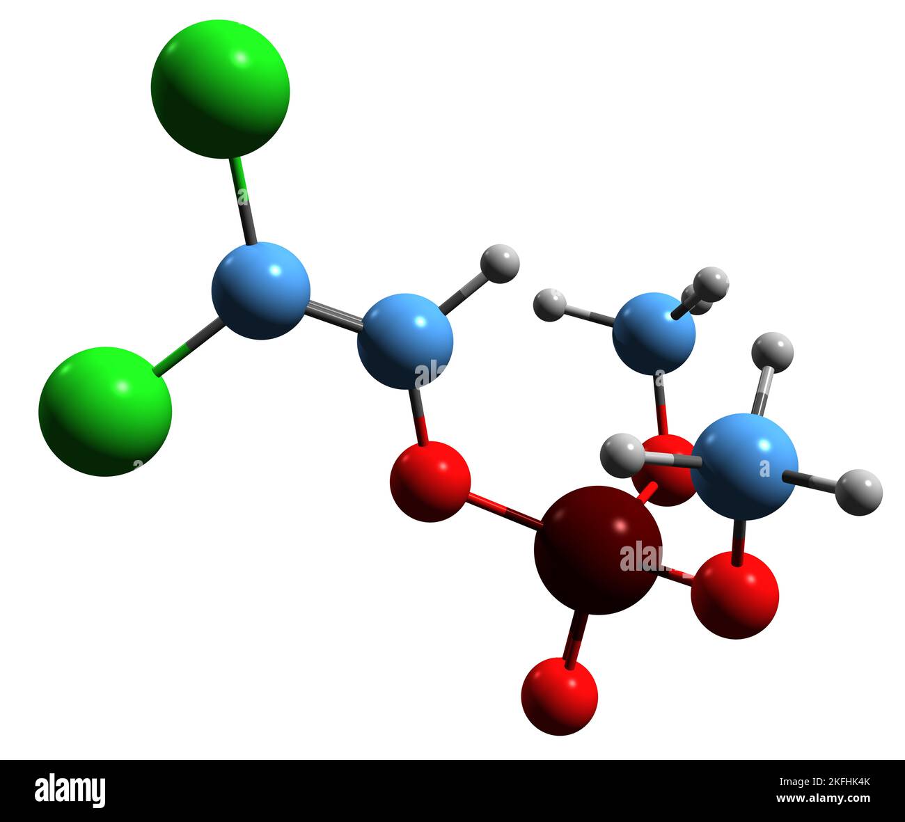 3D image of Dichlorvos skeletal formula - molecular chemical structure of dichlorovinyl dimethyl phosphate isolated on white background Stock Photo