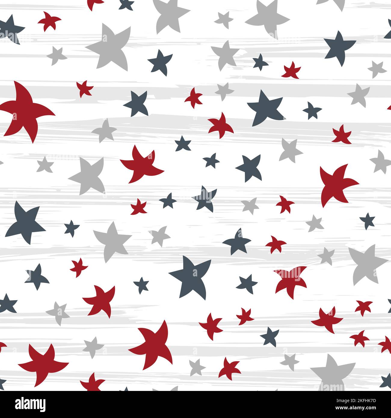 Multicolored stars on a light background with gray brush strokes. Seamless pattern for wrapping paper and textiles. Stock Vector