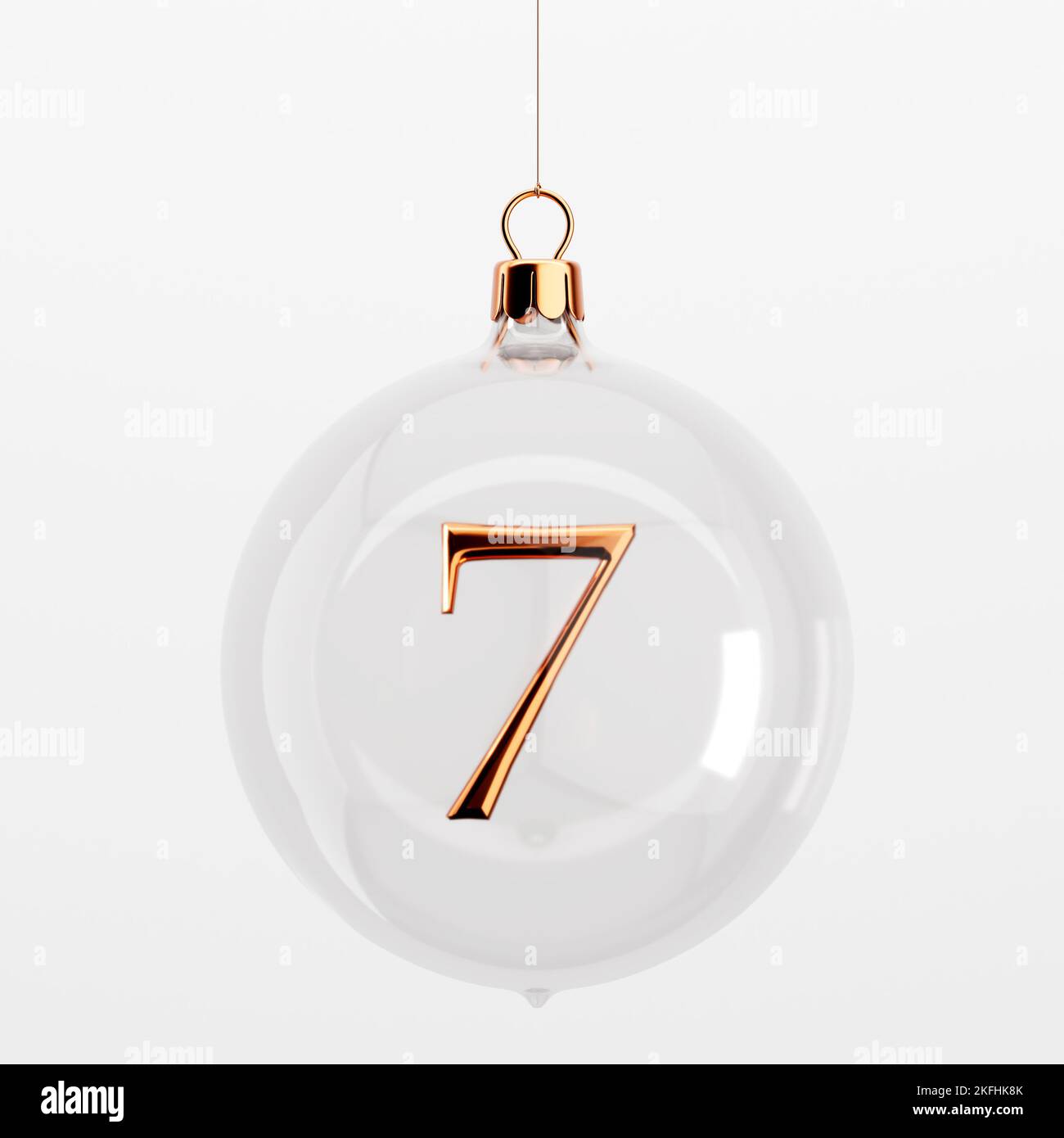 Glass festive christmas hanging baubles. With gold number 7. 3D Rendering Stock Photo