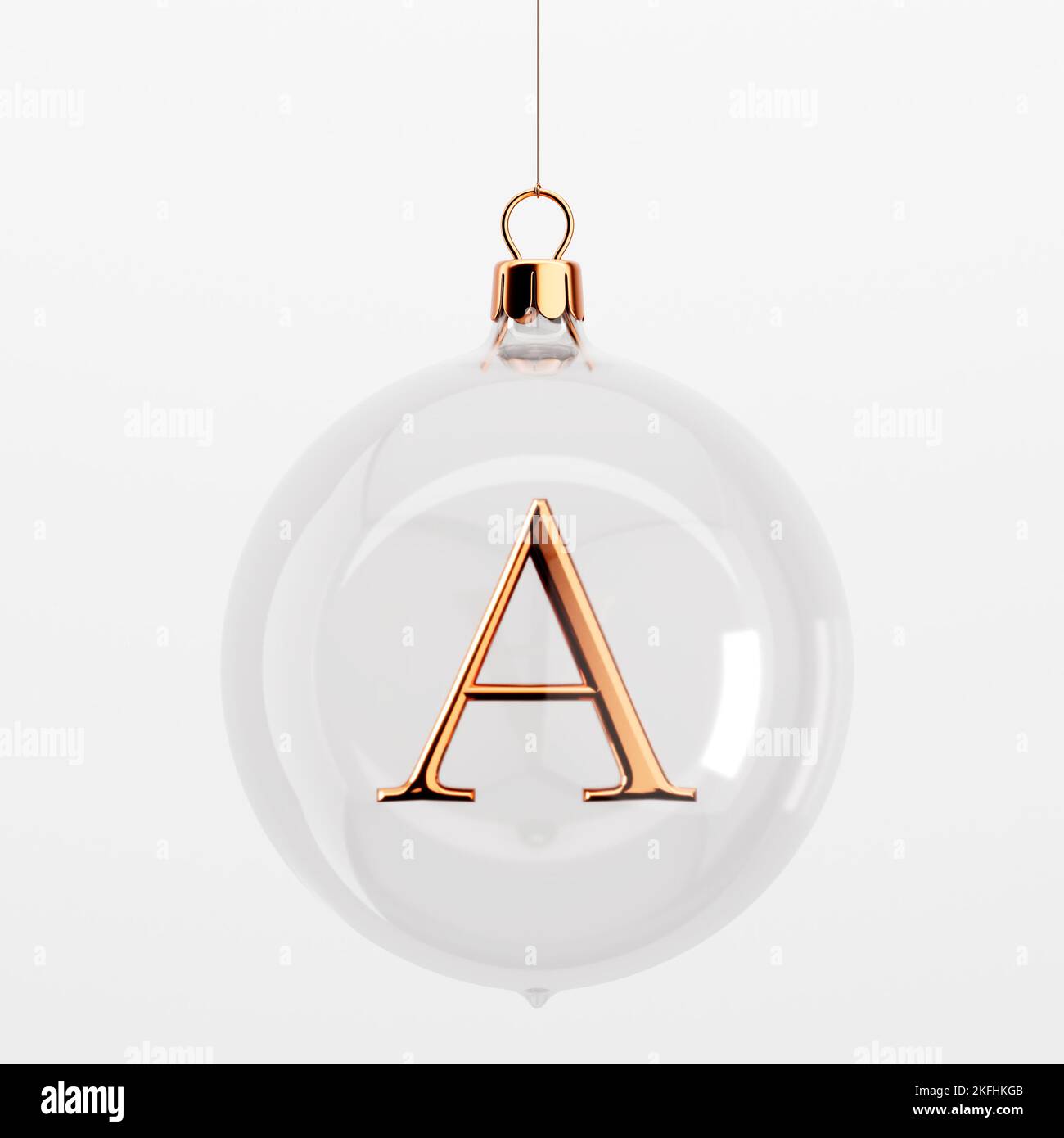 Glass festive christmas hanging baubles. With gold letter A. 3D Rendering Stock Photo