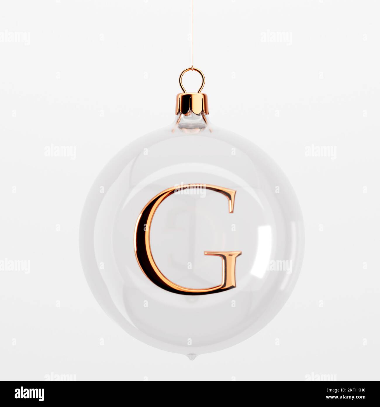 Glass festive christmas hanging baubles. With gold letter G. 3D Rendering Stock Photo
