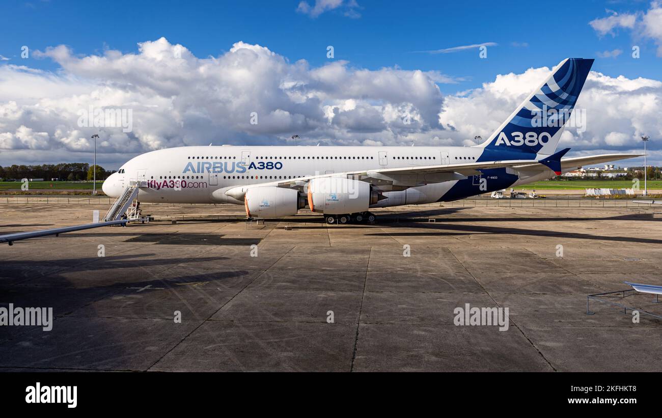 Airbus A380 exhibited in the French Museum of Air and Space located at the south-eastern edge of Paris–Le Bourget Airport. Stock Photo