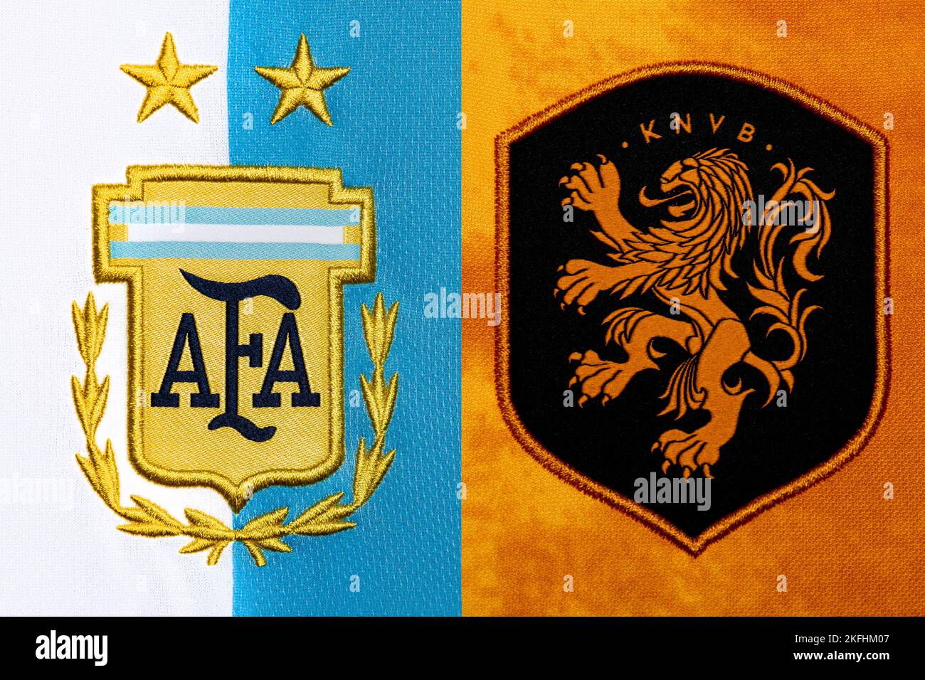 Close up of National Football team crest on home kit. FIFA World Cup Qatar 2022. Stock Photo
