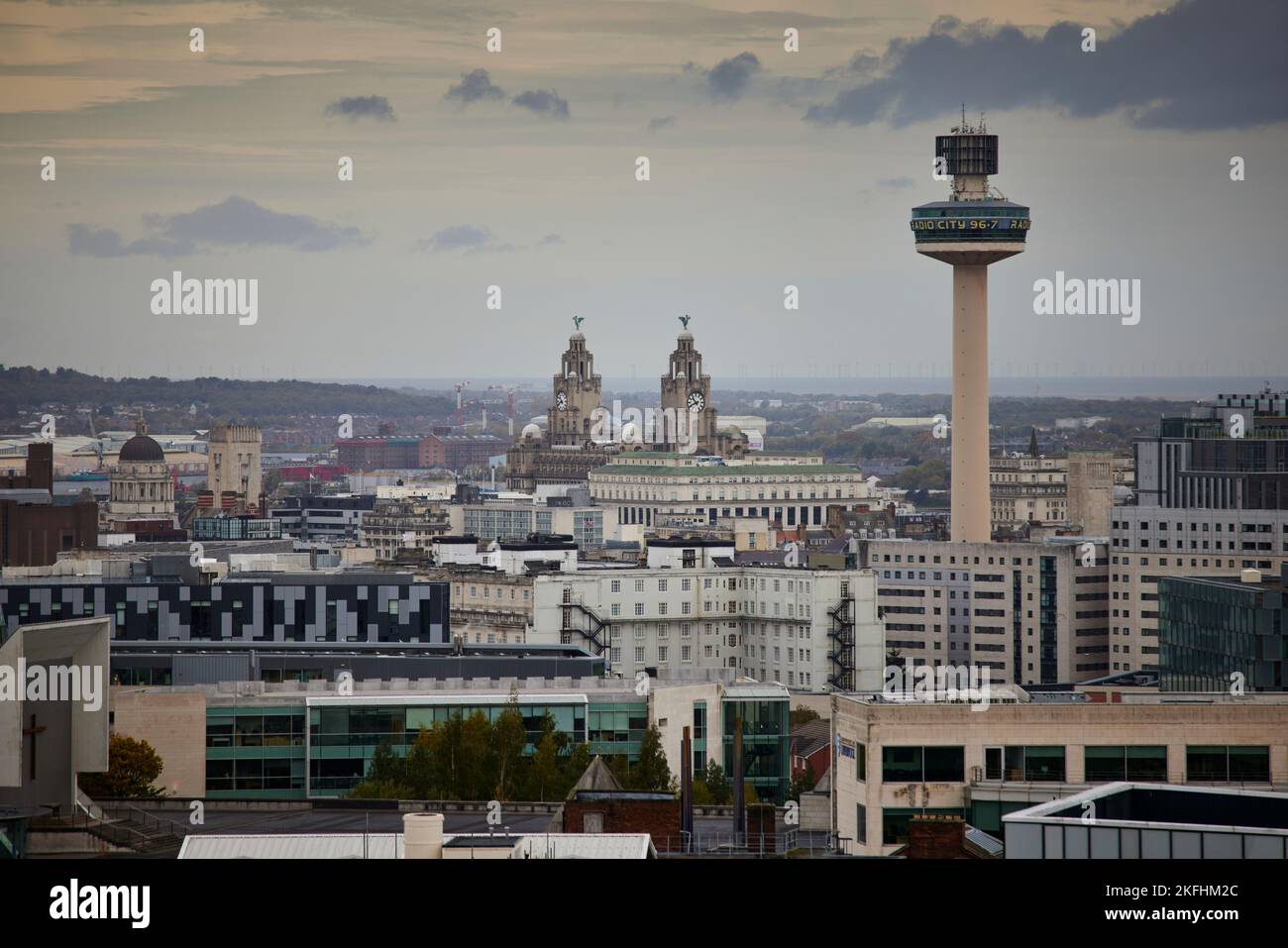 Liverpool cityscape skyline  St Johns Beacon Viewing Gallery and liver building Stock Photo